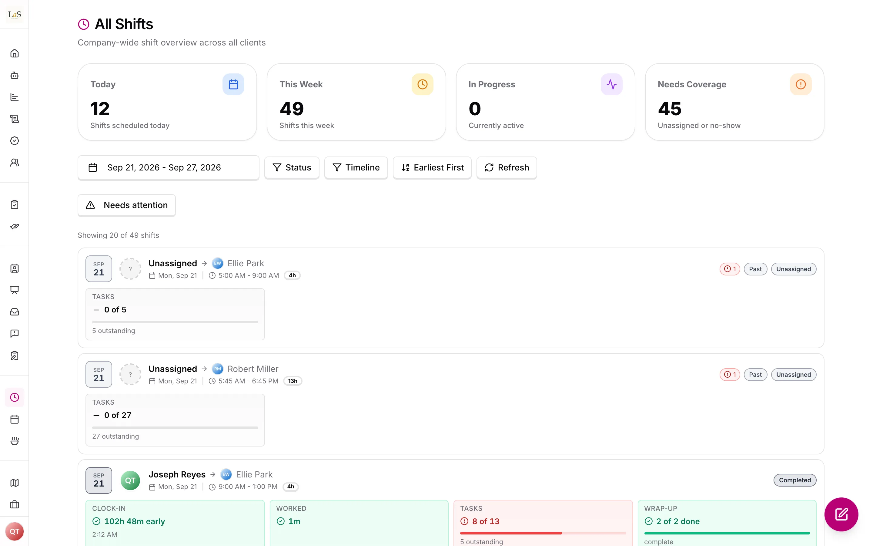 All Shifts: every client's shifts with clock-in, time worked, tasks and wrap-up