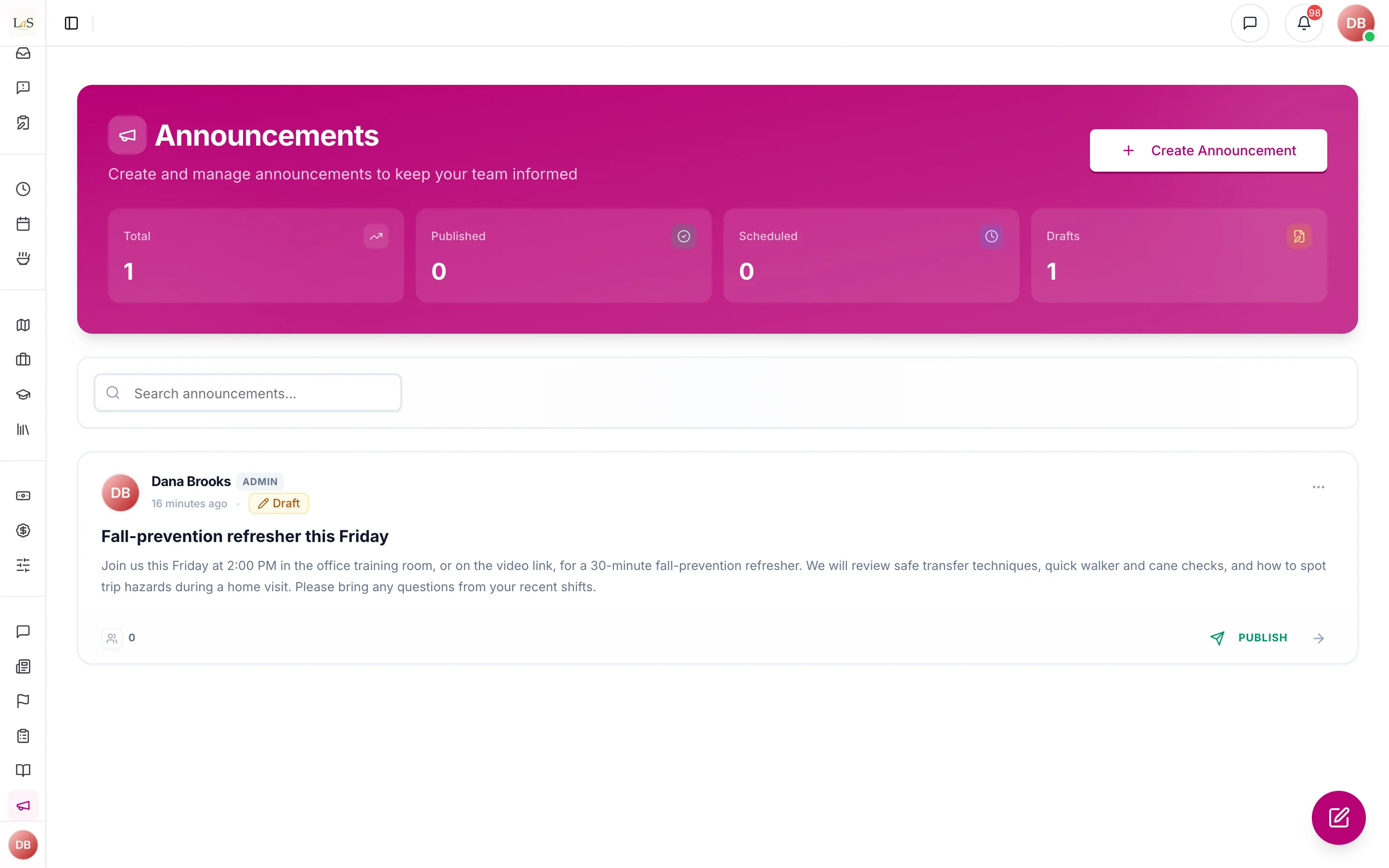 Announcements: a draft ready to publish to the team