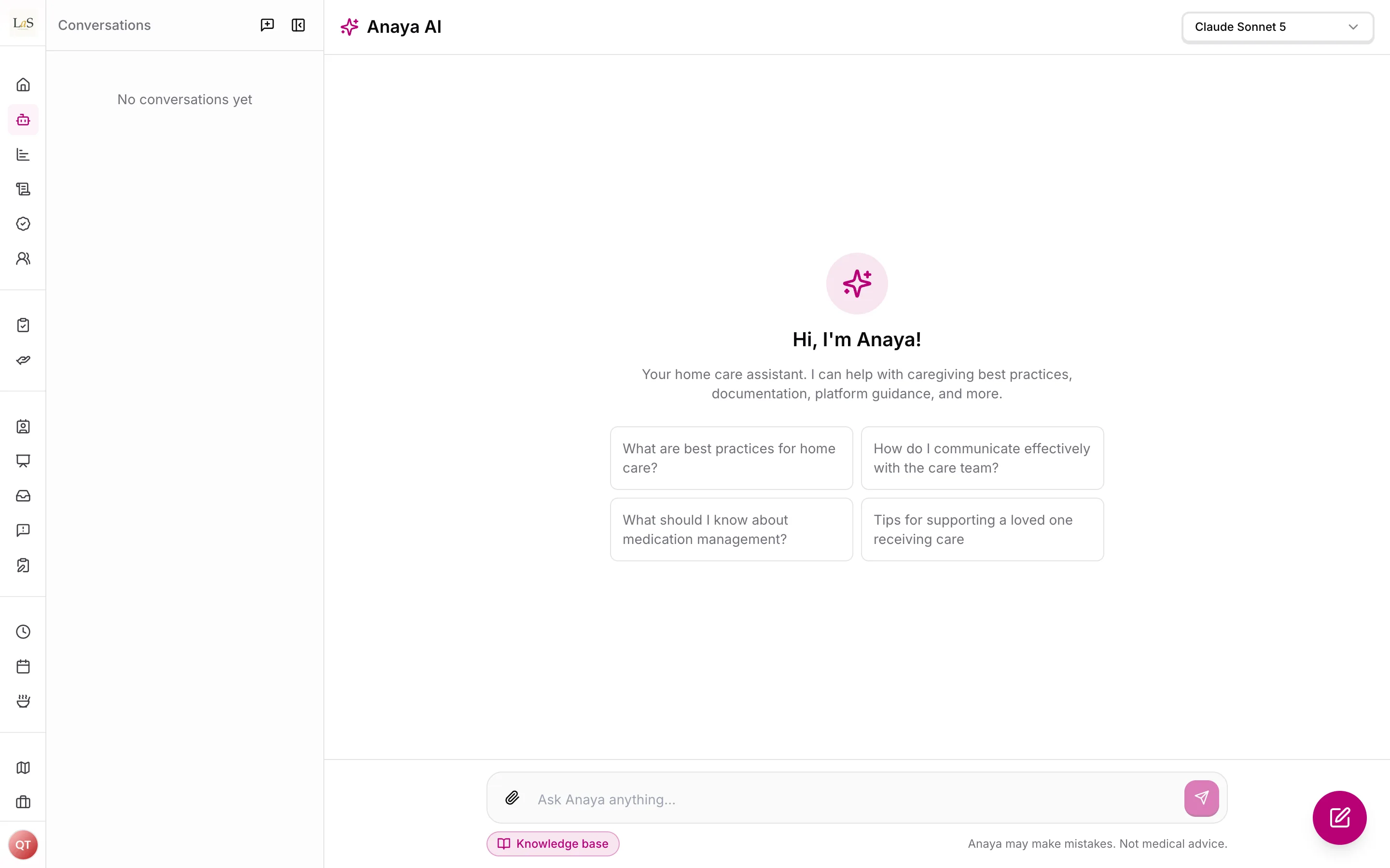 The AI chat assistant, with suggested questions and the Knowledge Base toggle