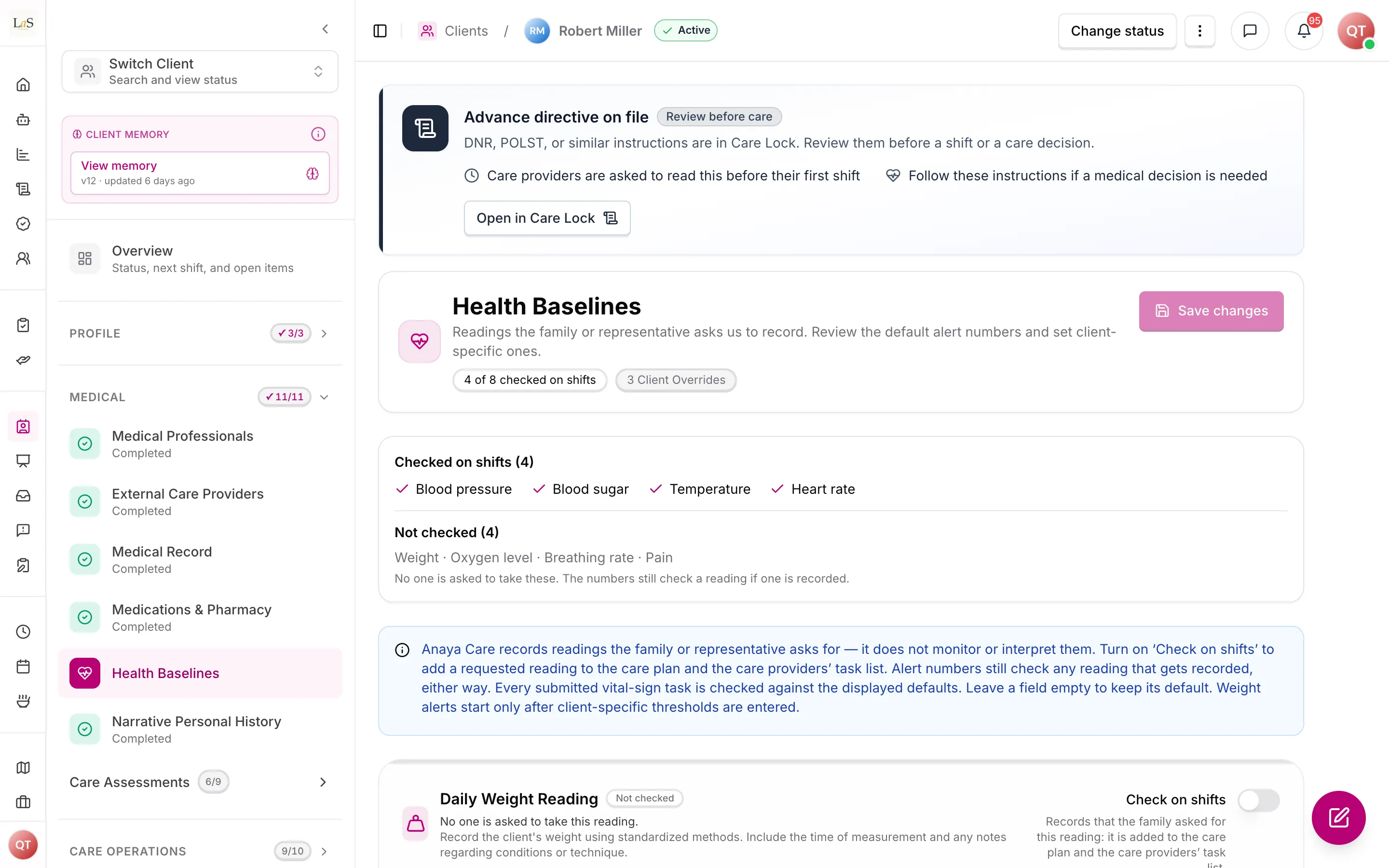 Health Baselines: which readings are checked on shifts, with the alert numbers