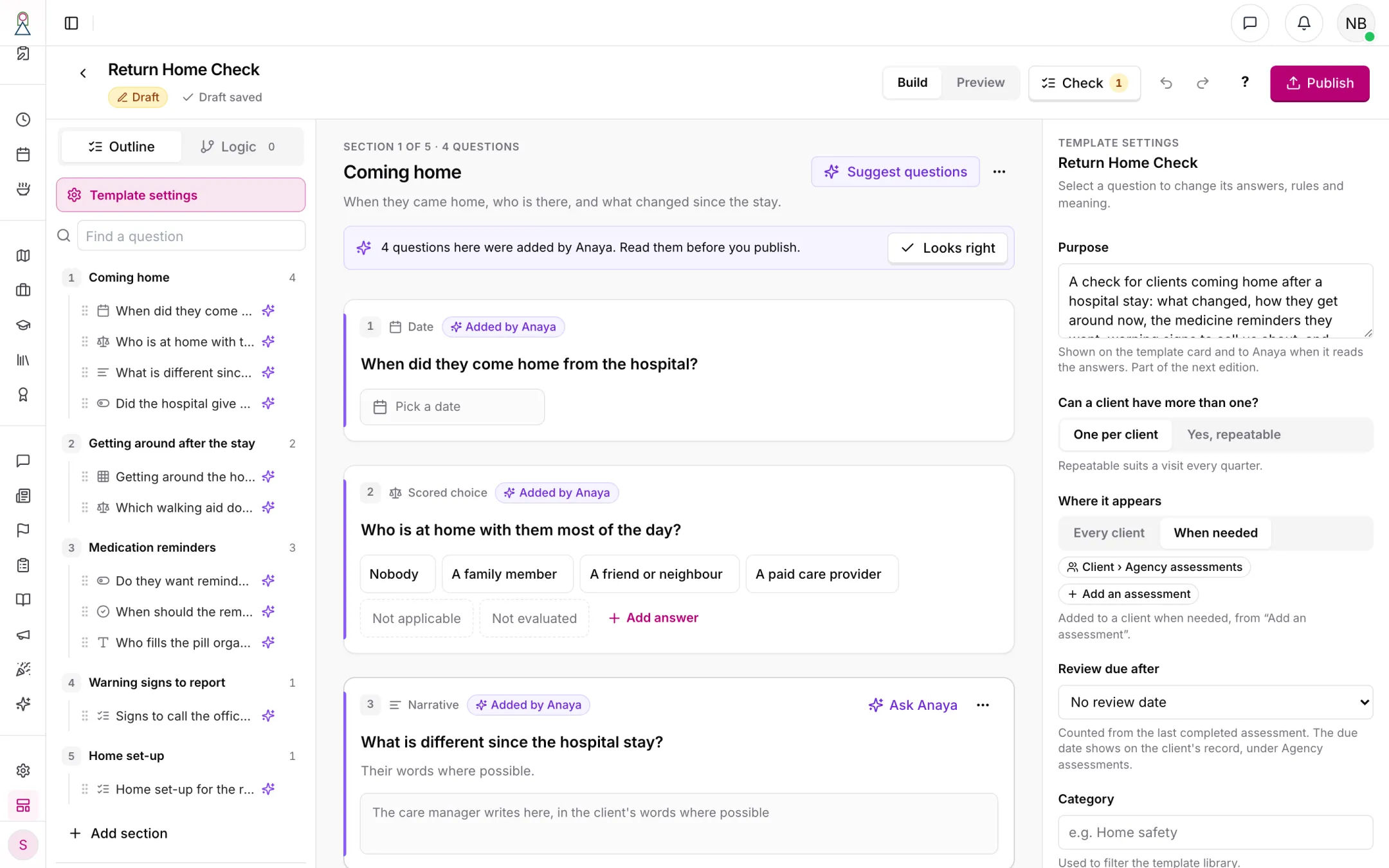 The builder: the outline, the questions with those Anaya wrote marked Added by Anaya, and the template's own settings
