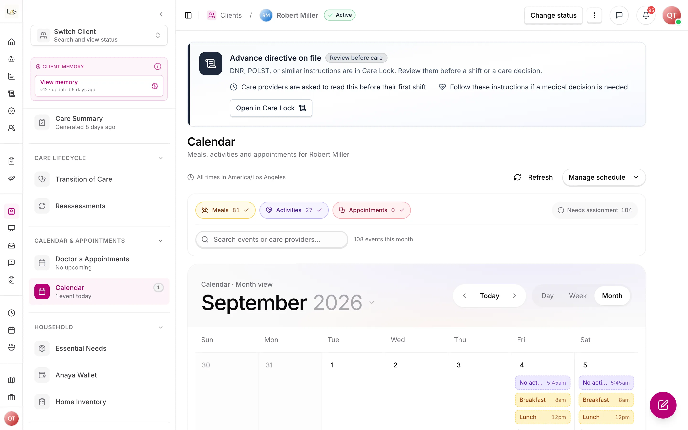 The client calendar in month view, with meals, activities and appointments