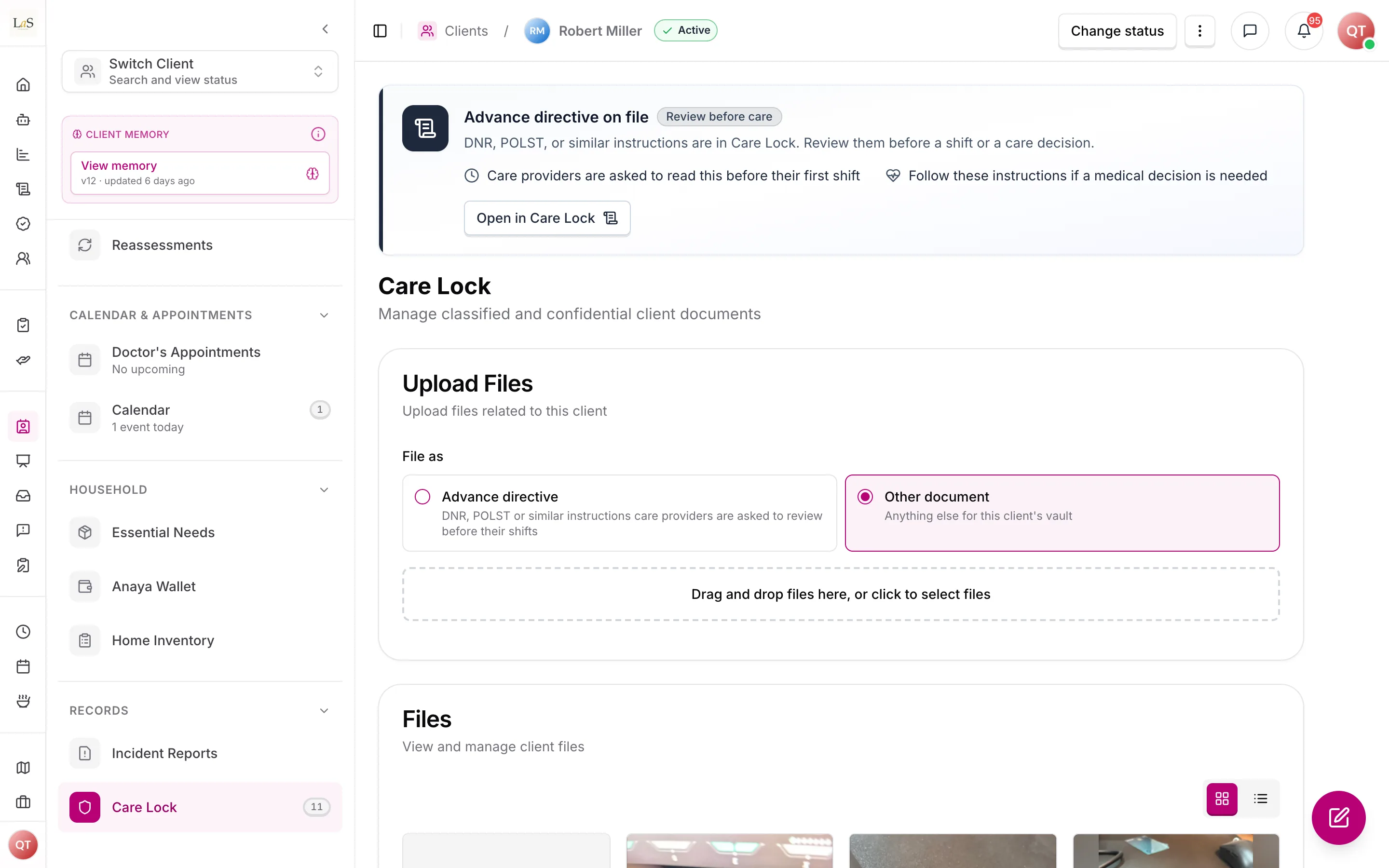 Care Lock, with the banner that links to the advance directive