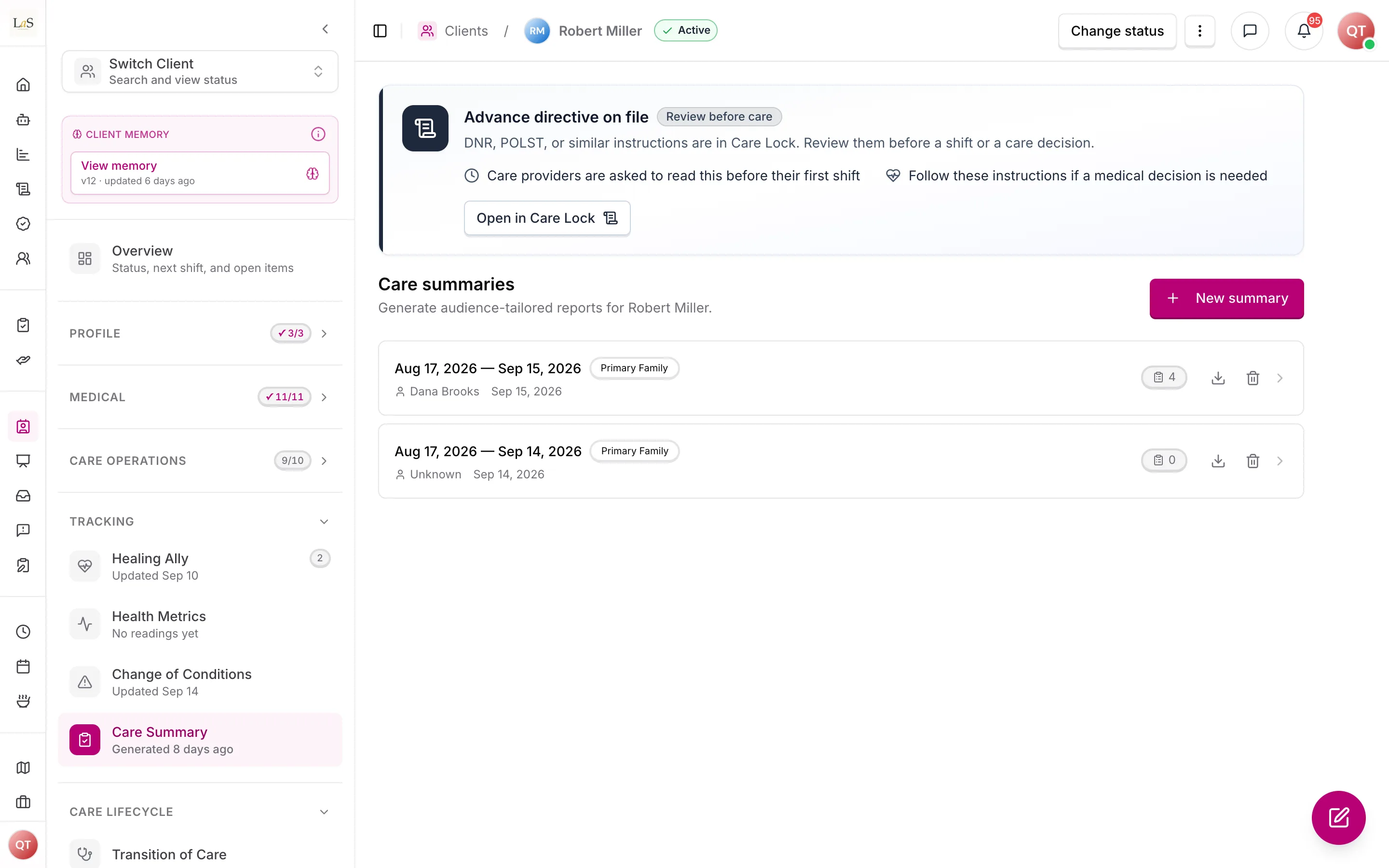 A client's care summaries, each with its date range and audience