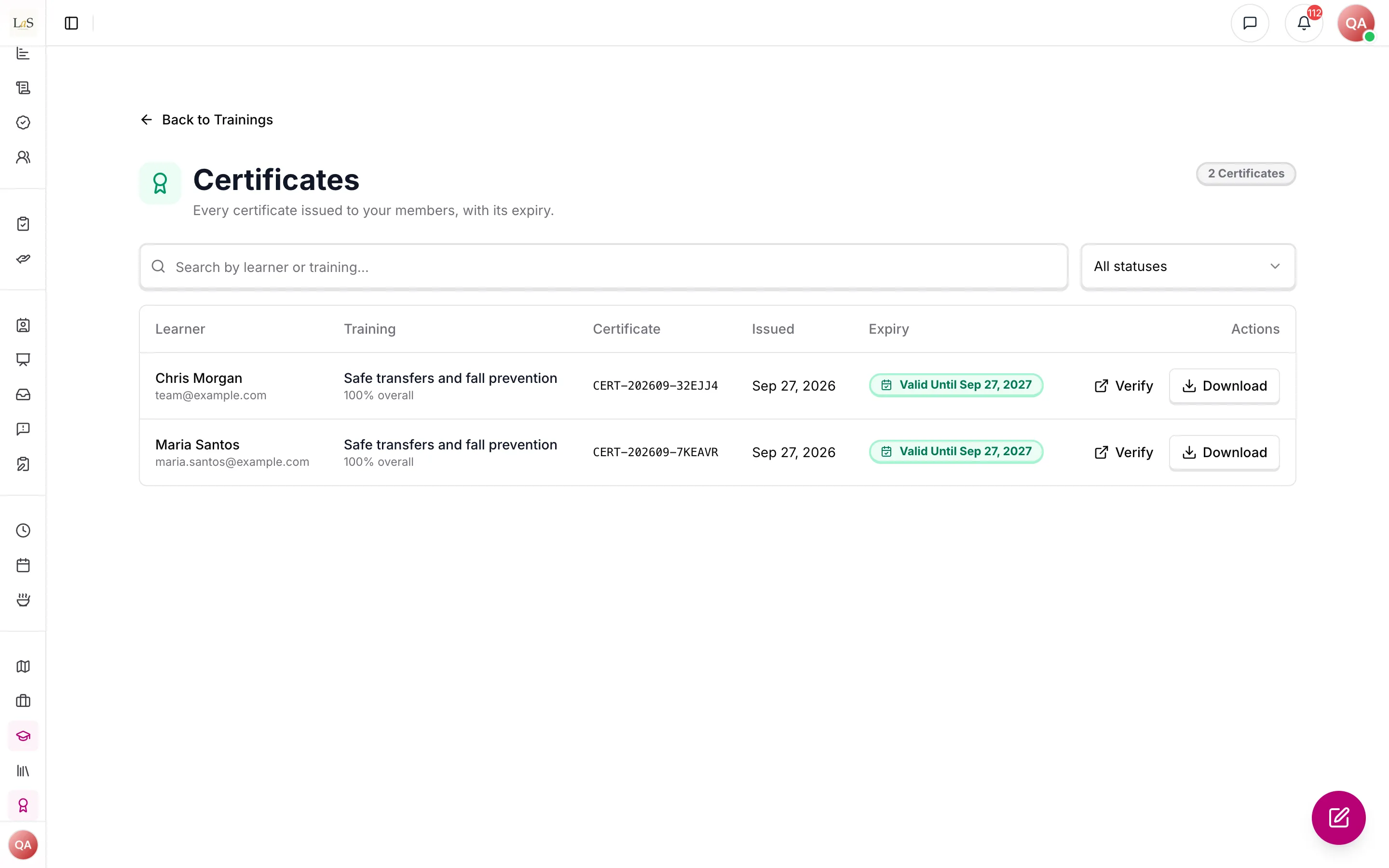 The agency's Certificates list: learner, training, certificate number, issue date, expiry, with Verify and Download