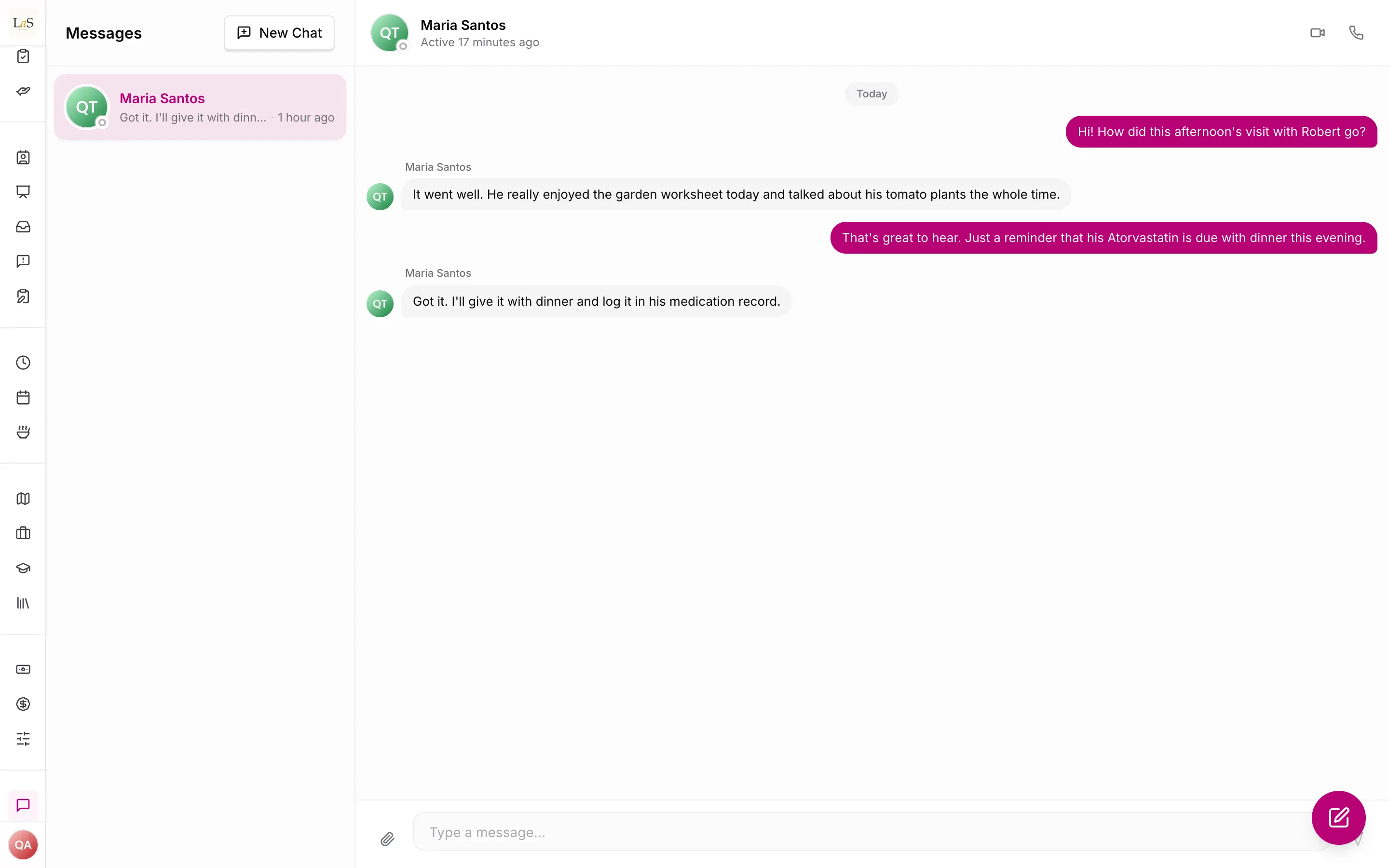 A Care Connect conversation with the video and voice call buttons at the top right