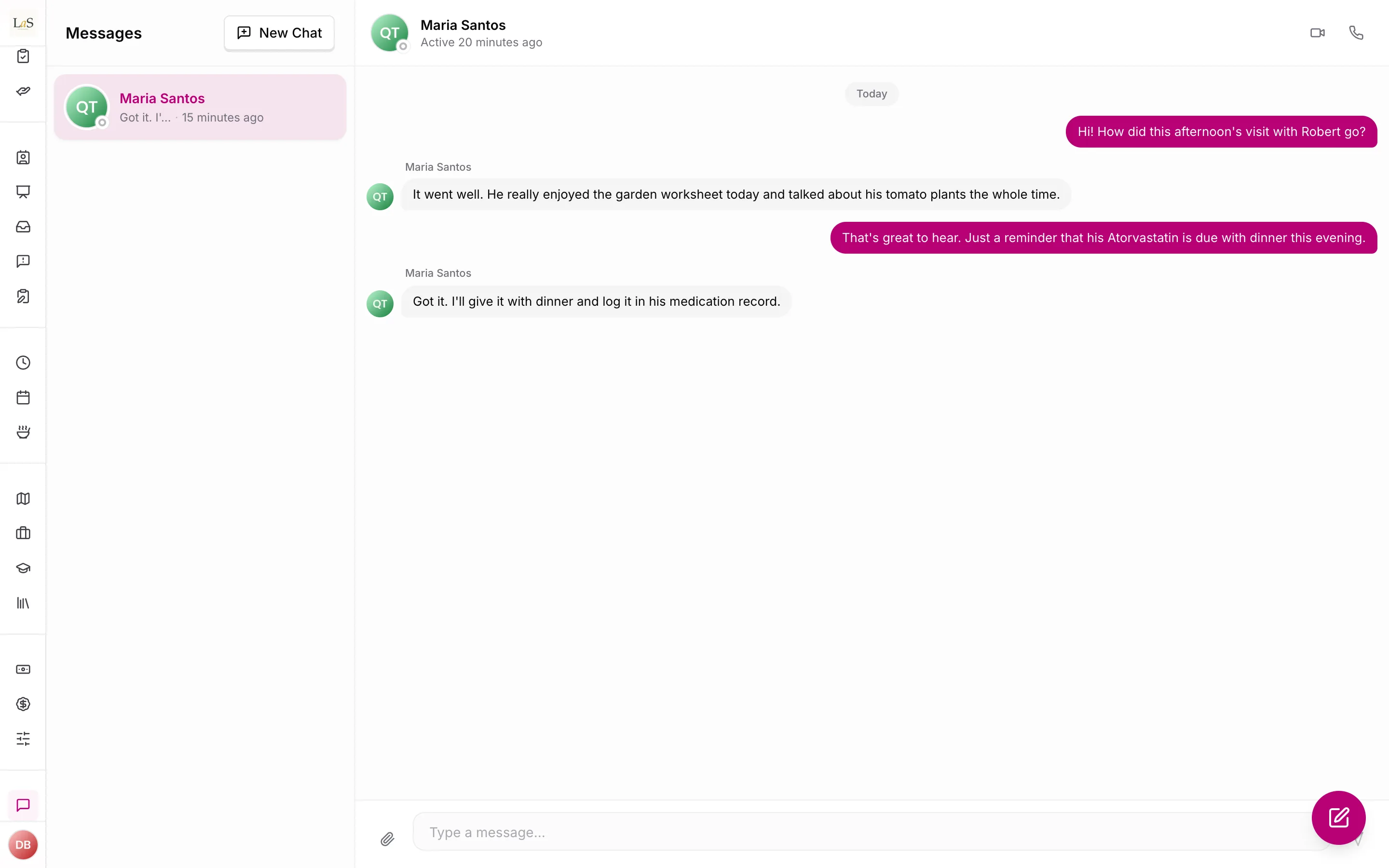 A one-to-one conversation between an admin and a care provider