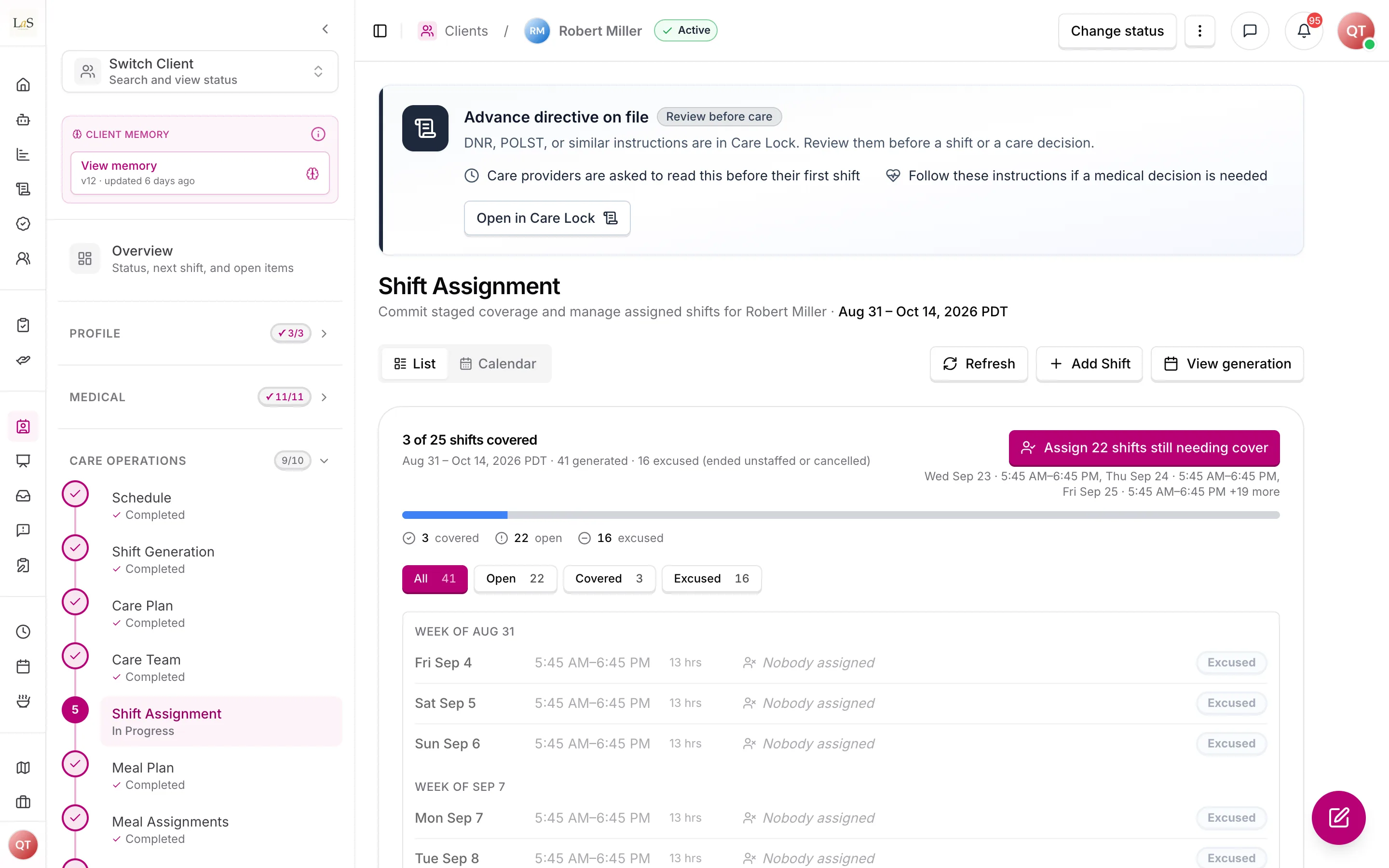 Shift Assignment: generated shifts and how many still need cover