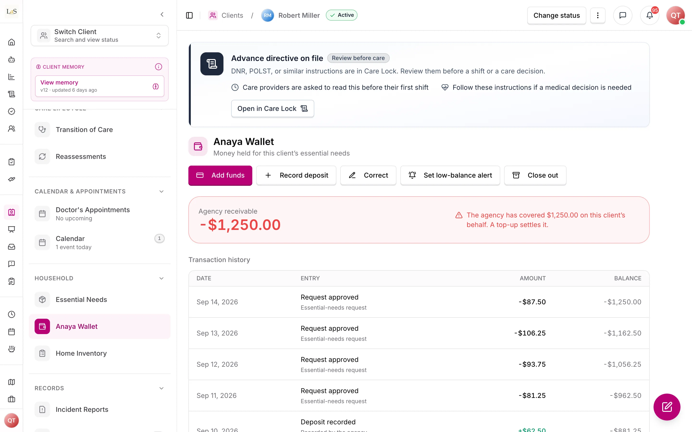 A client's Anaya Wallet with its balance and transaction history