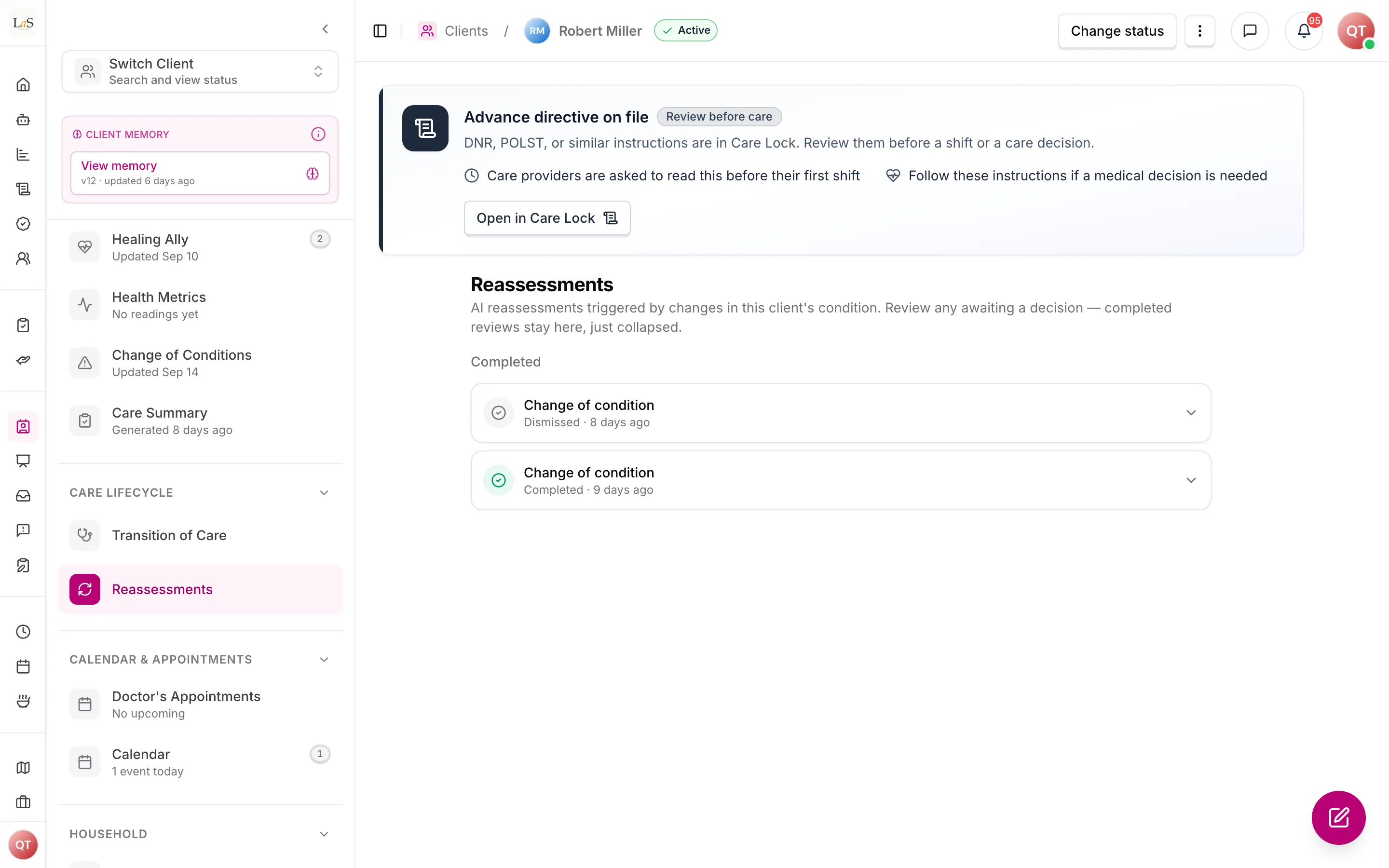 A client's Reassessments page listing completed change-of-condition reviews