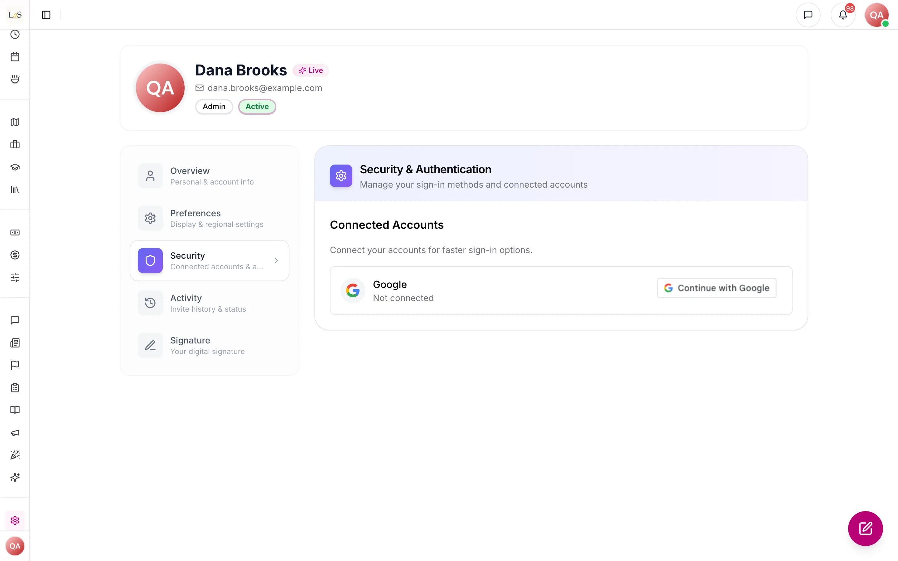Connected Accounts in a person's settings, with Google not connected