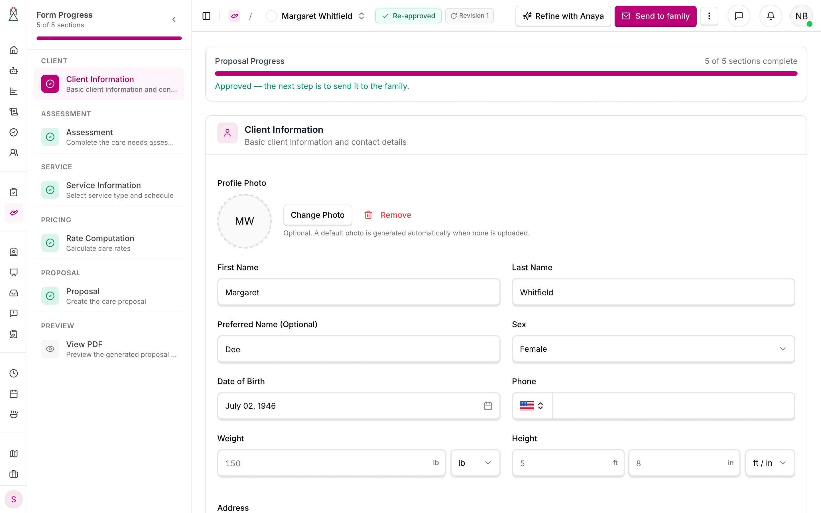 The proposal editor after approval, with Send to family as the main button