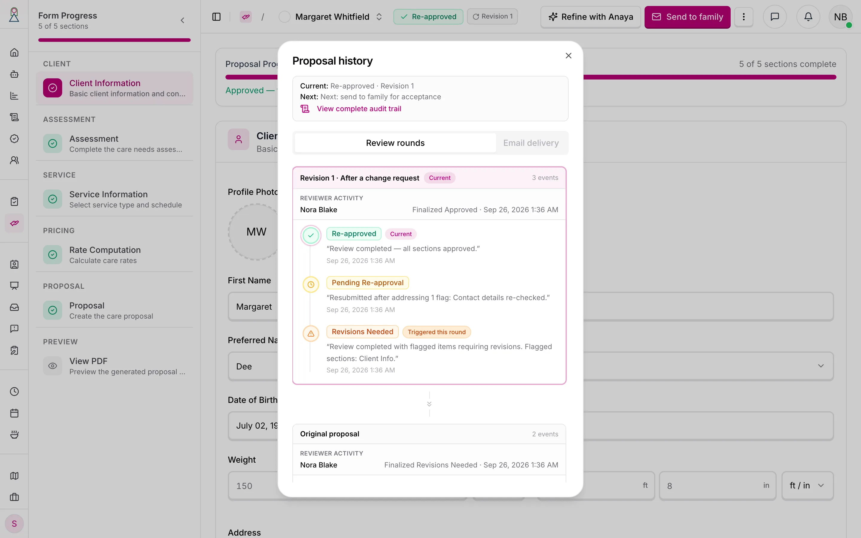 The Proposal history dialog: Original proposal and Revision 1, each with its reviewer activity