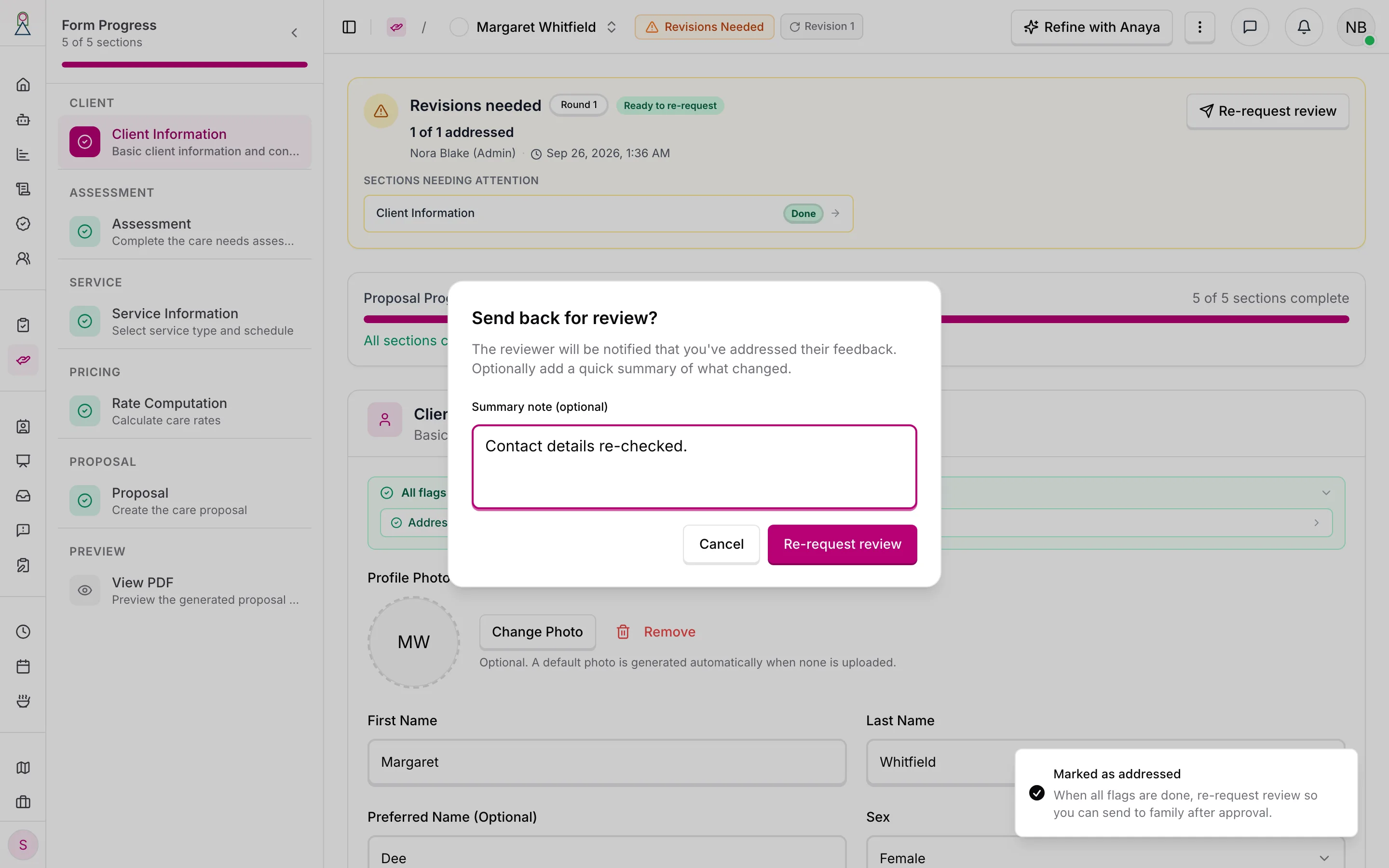 The Send back for review dialog with a summary note