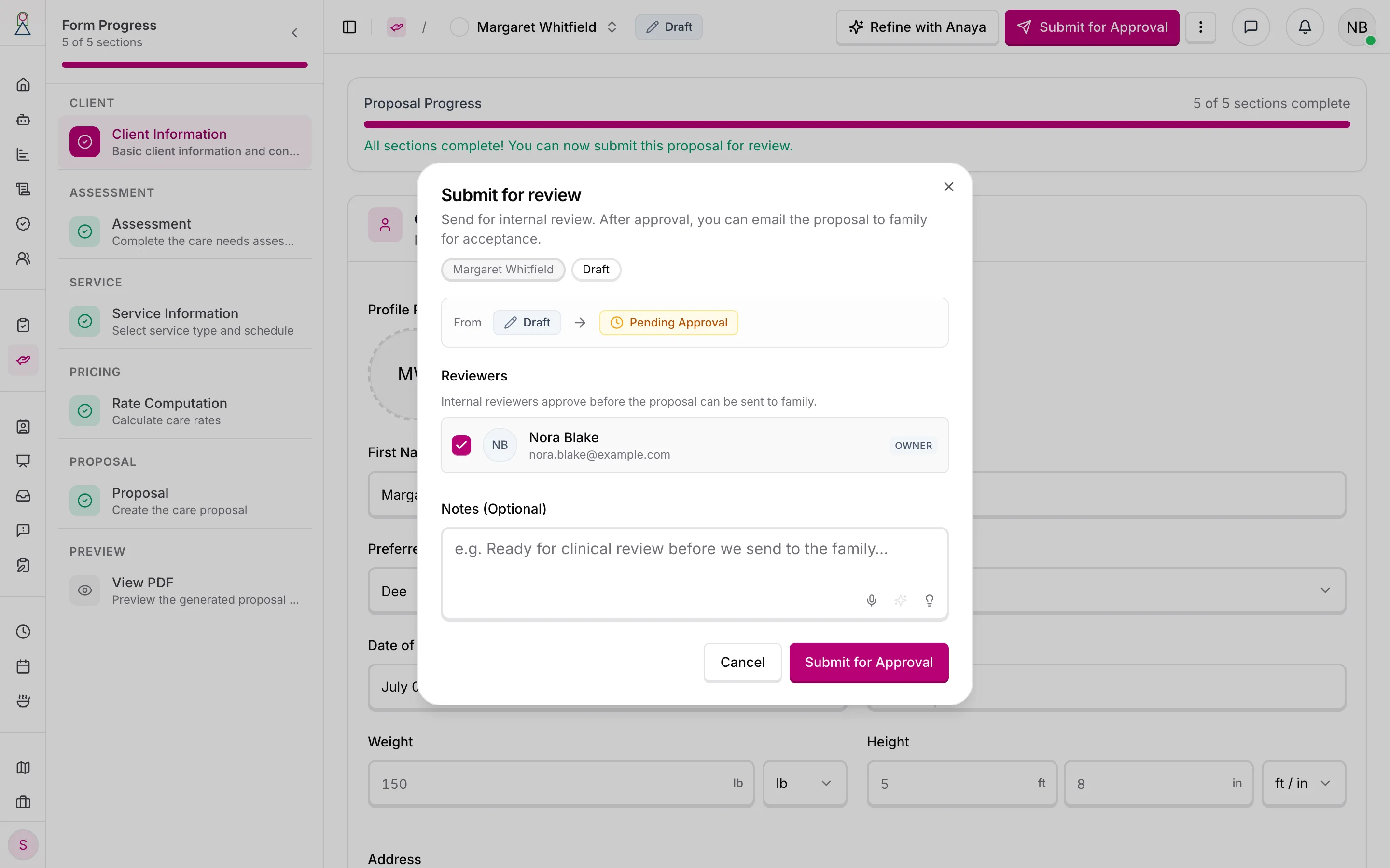 The Submit for review dialog with a reviewer chosen