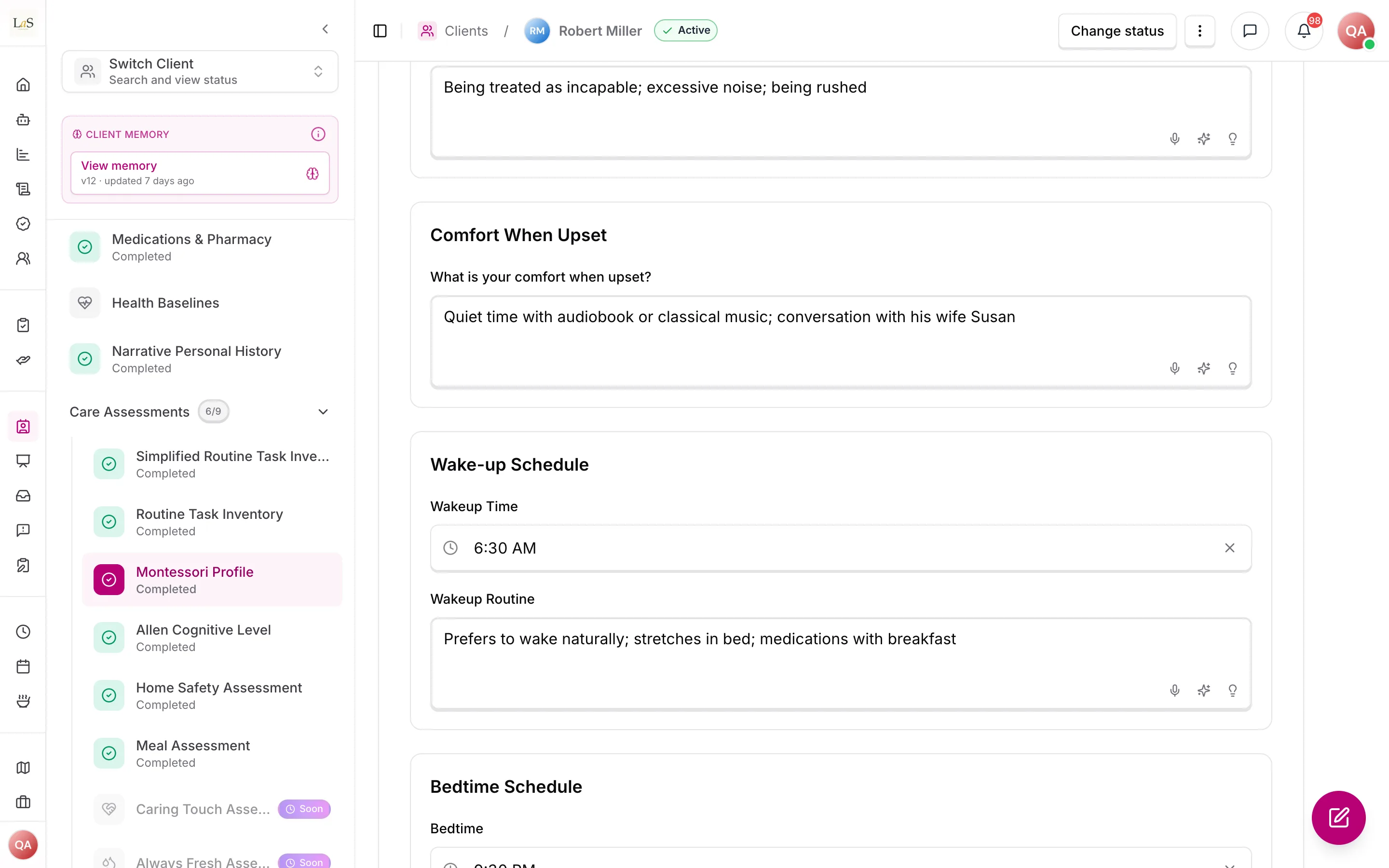 The Daily Rhythms tab of a client's Montessori profile