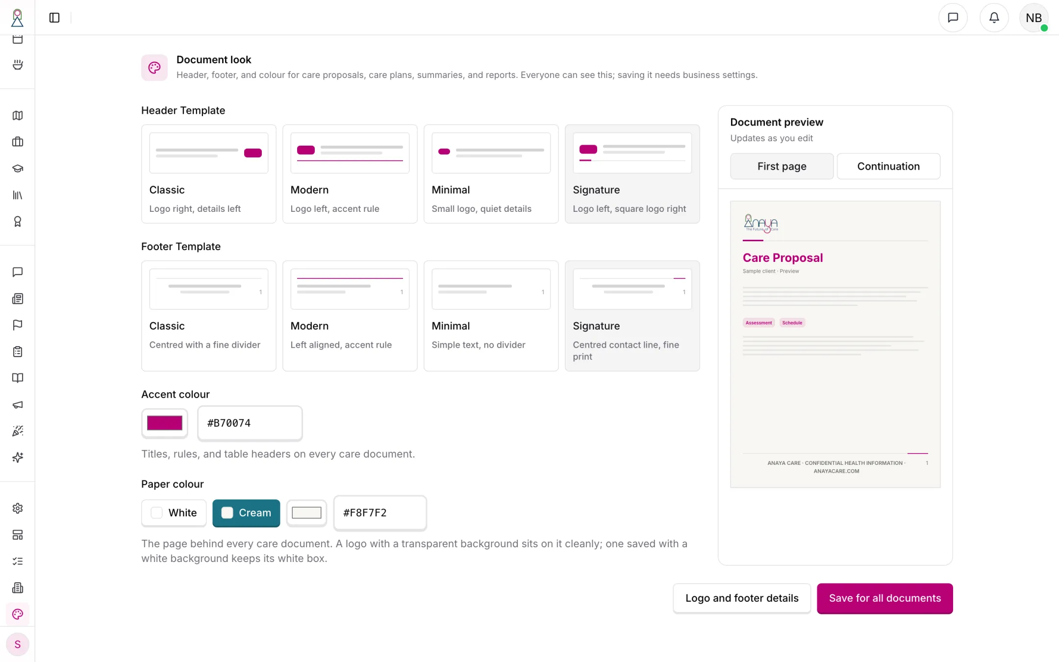 Document look: the Signature header and footer on cream paper, with the care proposal preview beside the settings