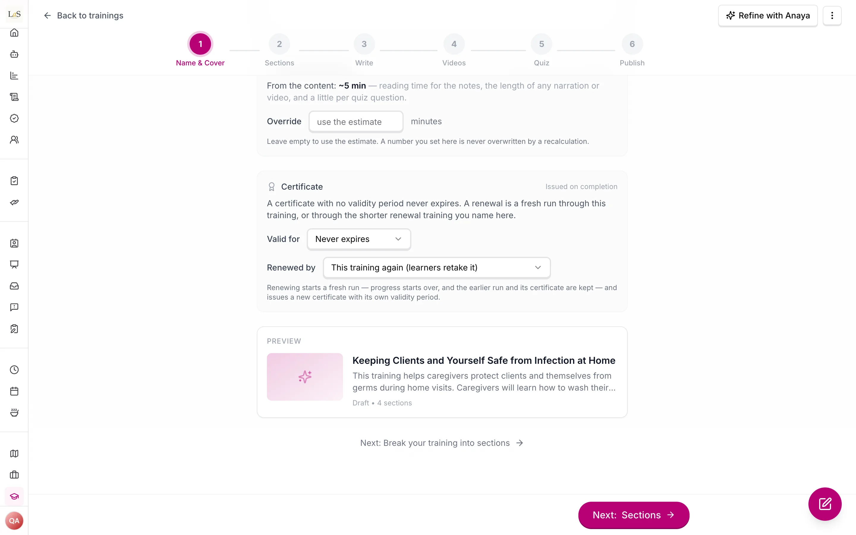 The editor's first step: the estimated duration with an override, the certificate's validity period and the training that renews it