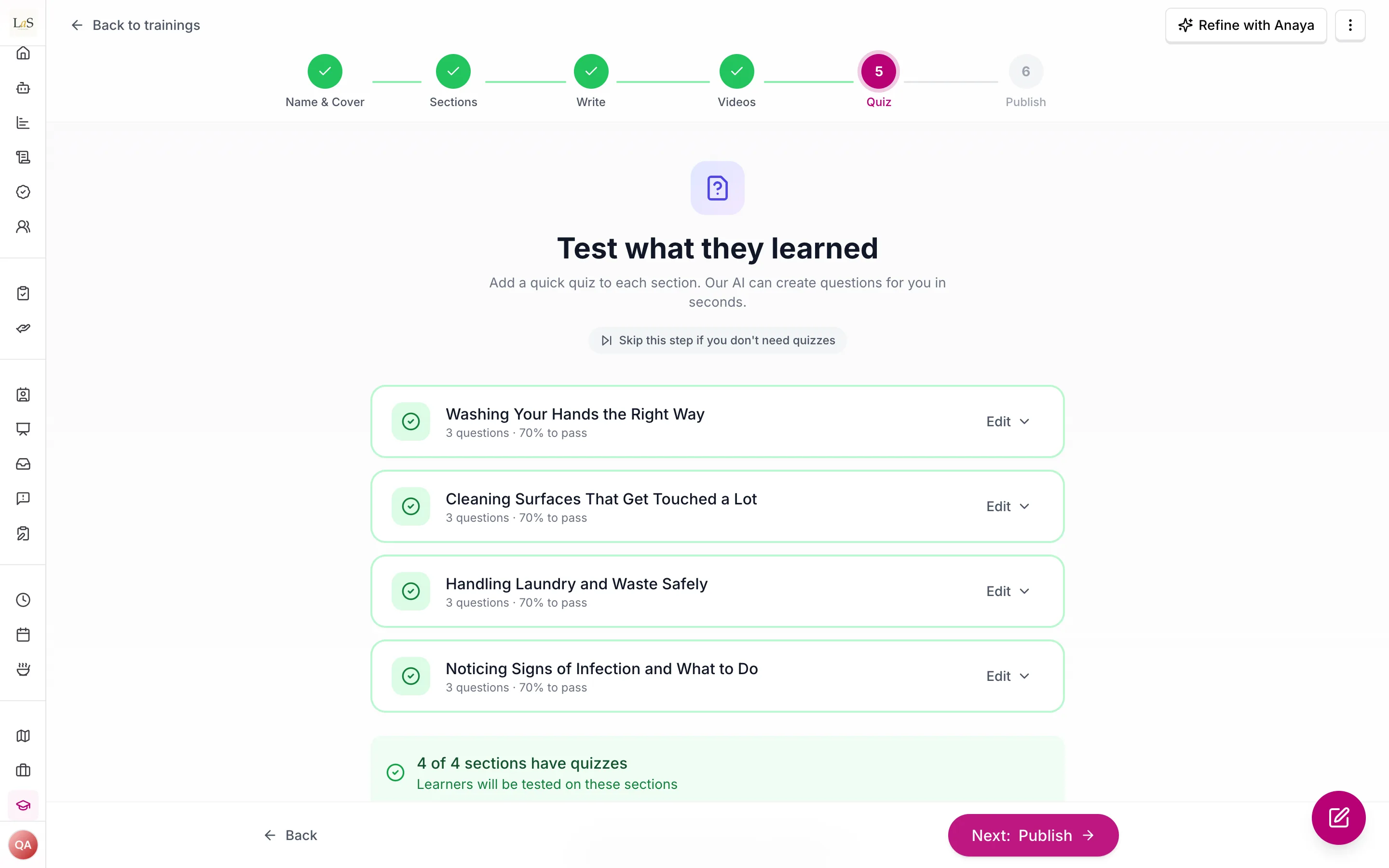 The Quiz step of the editor: every section's quiz with its question count and pass mark