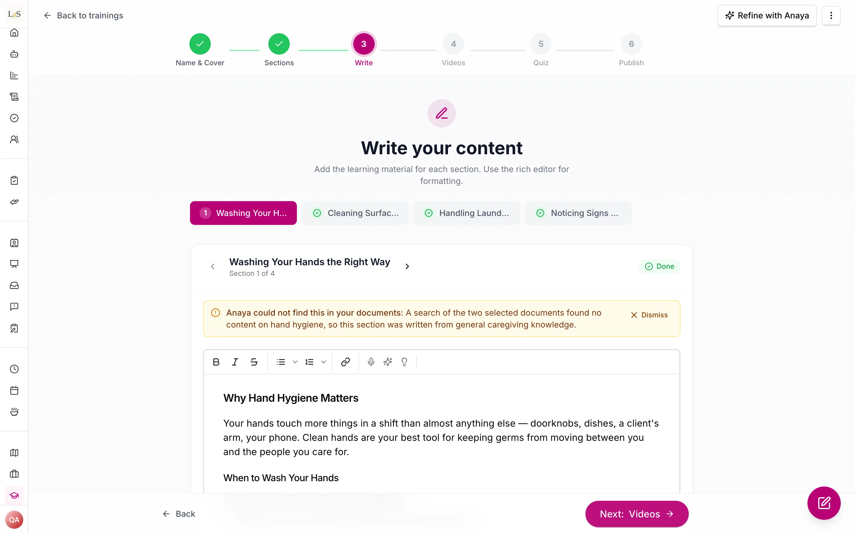 A generated section in the editor with a coverage note above its notes and a Dismiss button