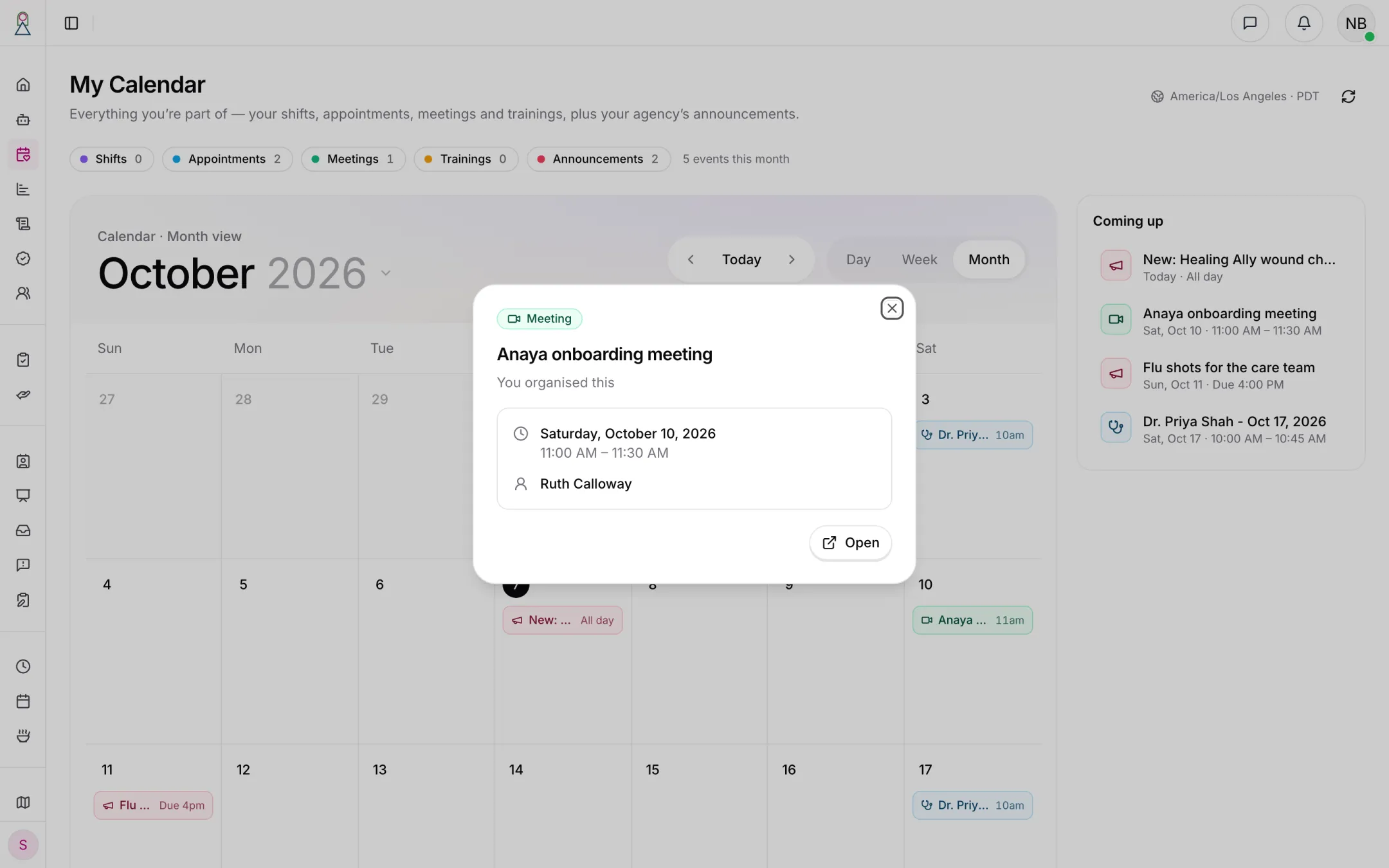 An onboarding meeting opened from My Calendar, marked You organised this, with an Open button