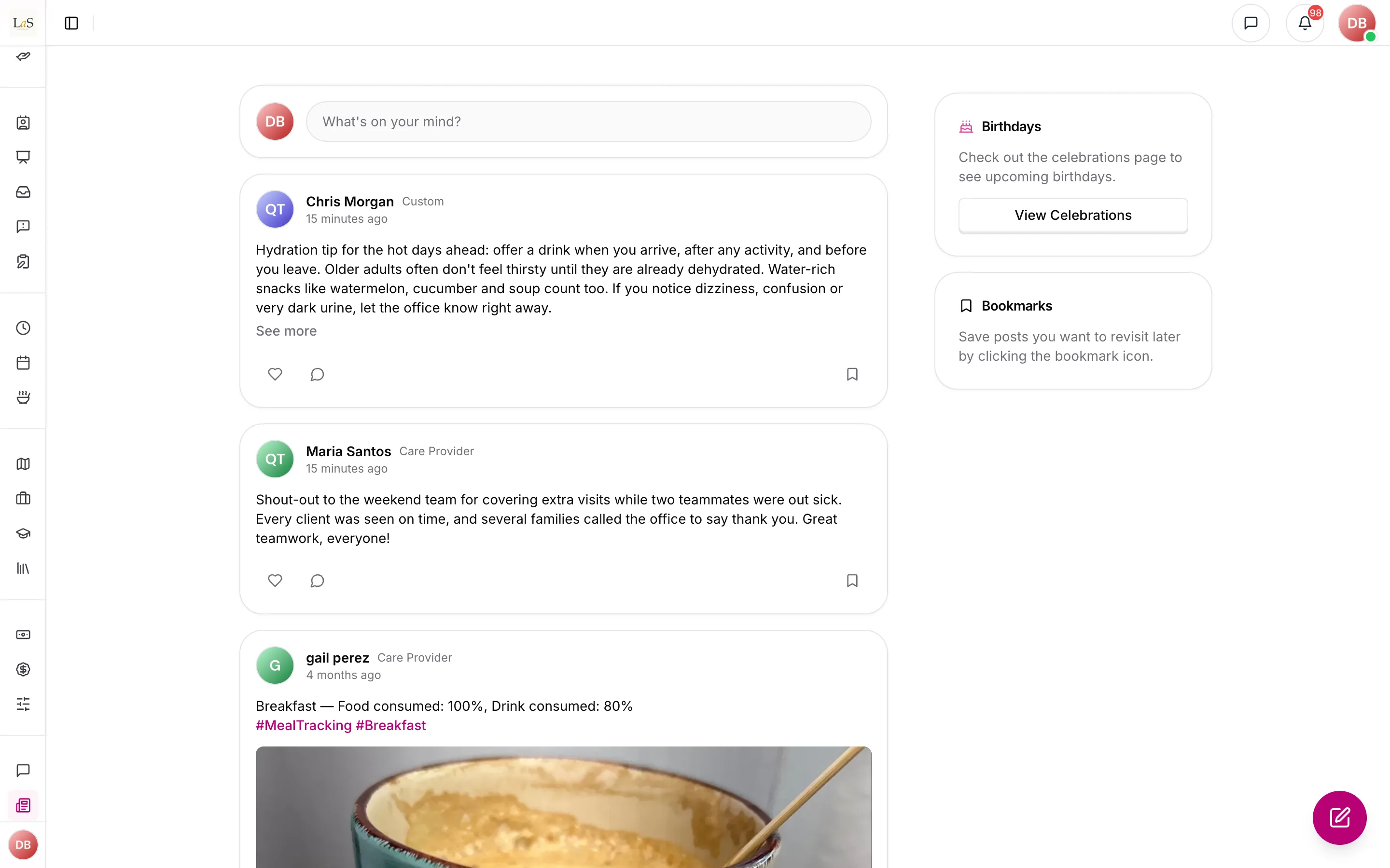 The agency's Care Feed: posts from the team, with likes, comments and bookmarks