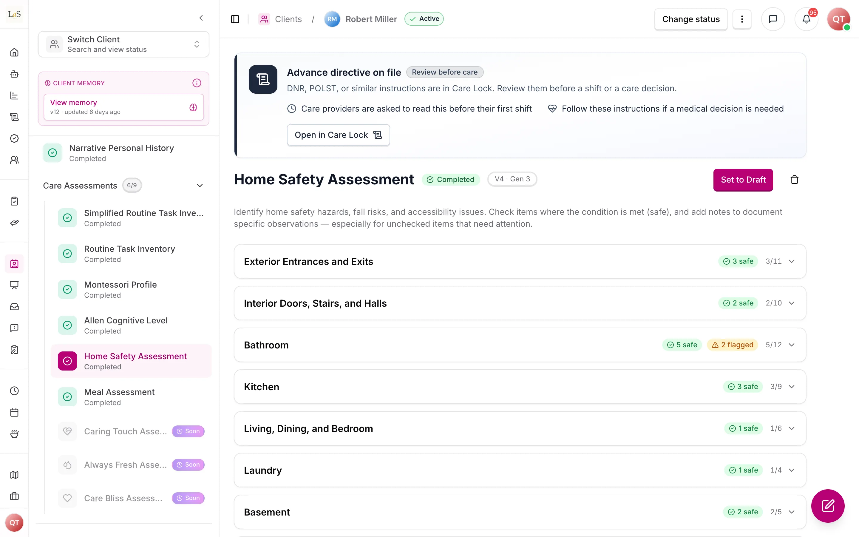 The Home Safety Assessment, one section per area of the home