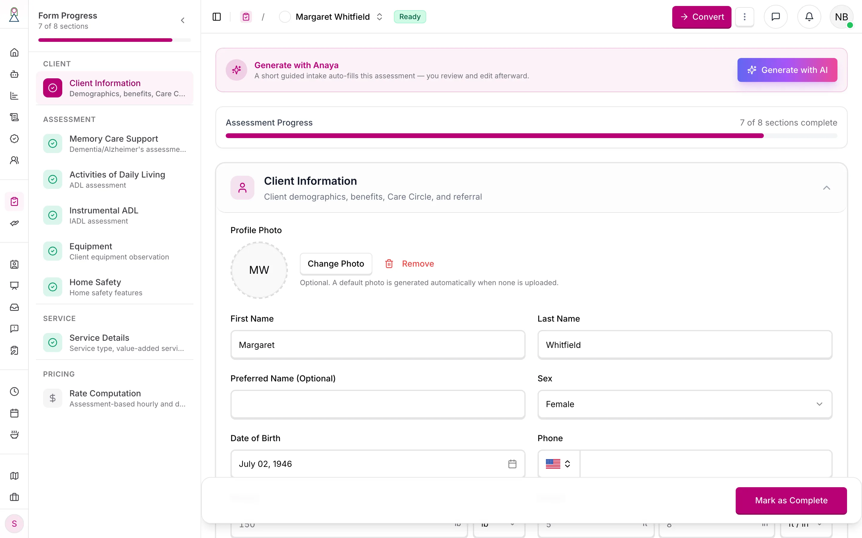 A completed initial assessment: the Ready badge and the Convert button