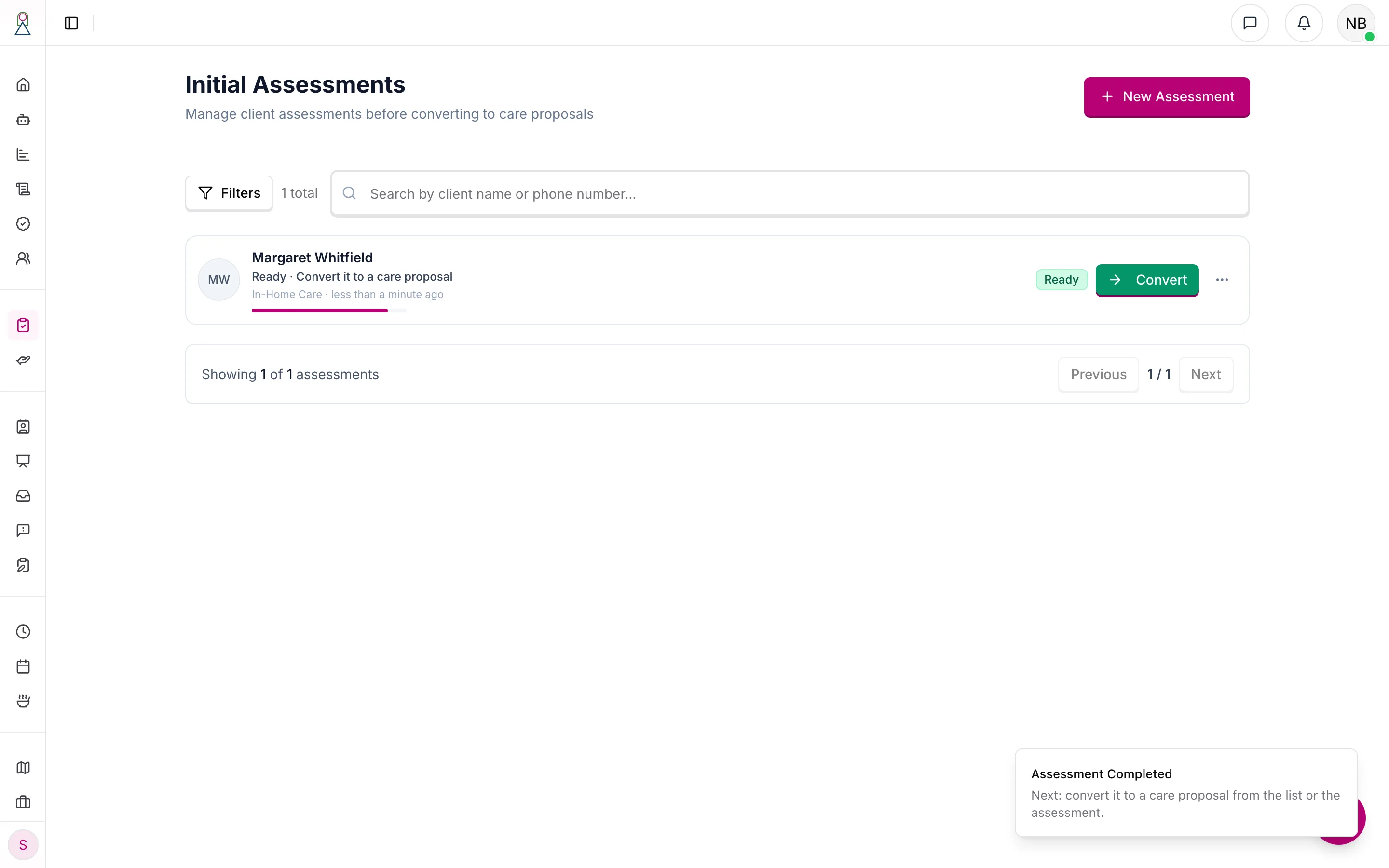 The Initial Assessments list with the intake marked Ready again
