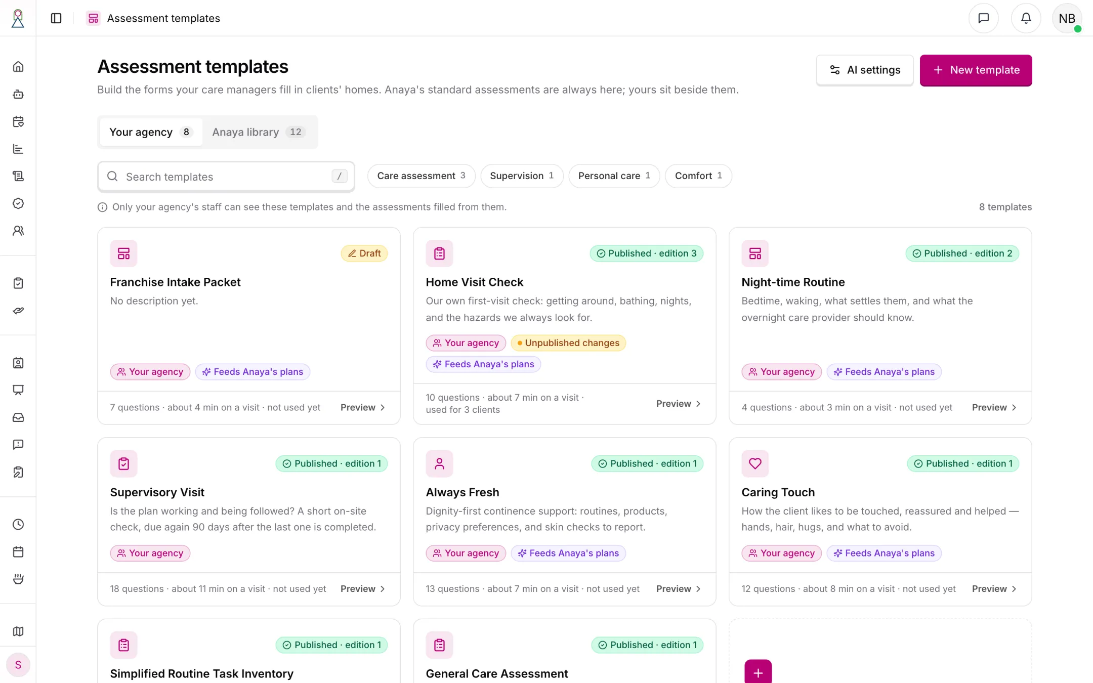 The template library: the agency's own templates with their edition and state