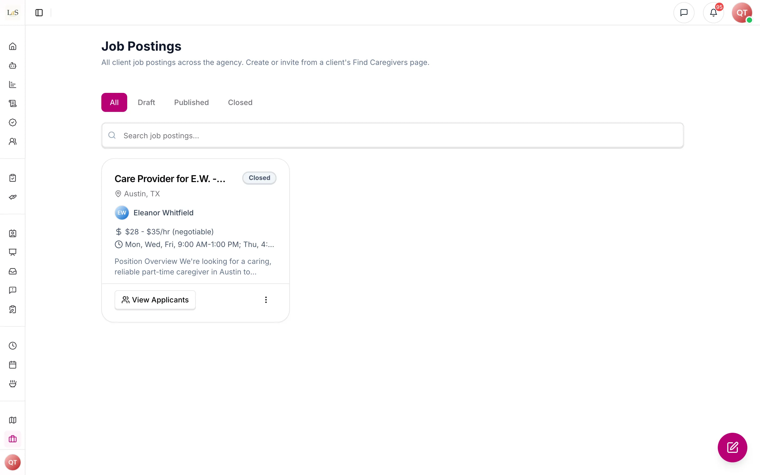 The Job Postings list, filtered by draft, published and closed