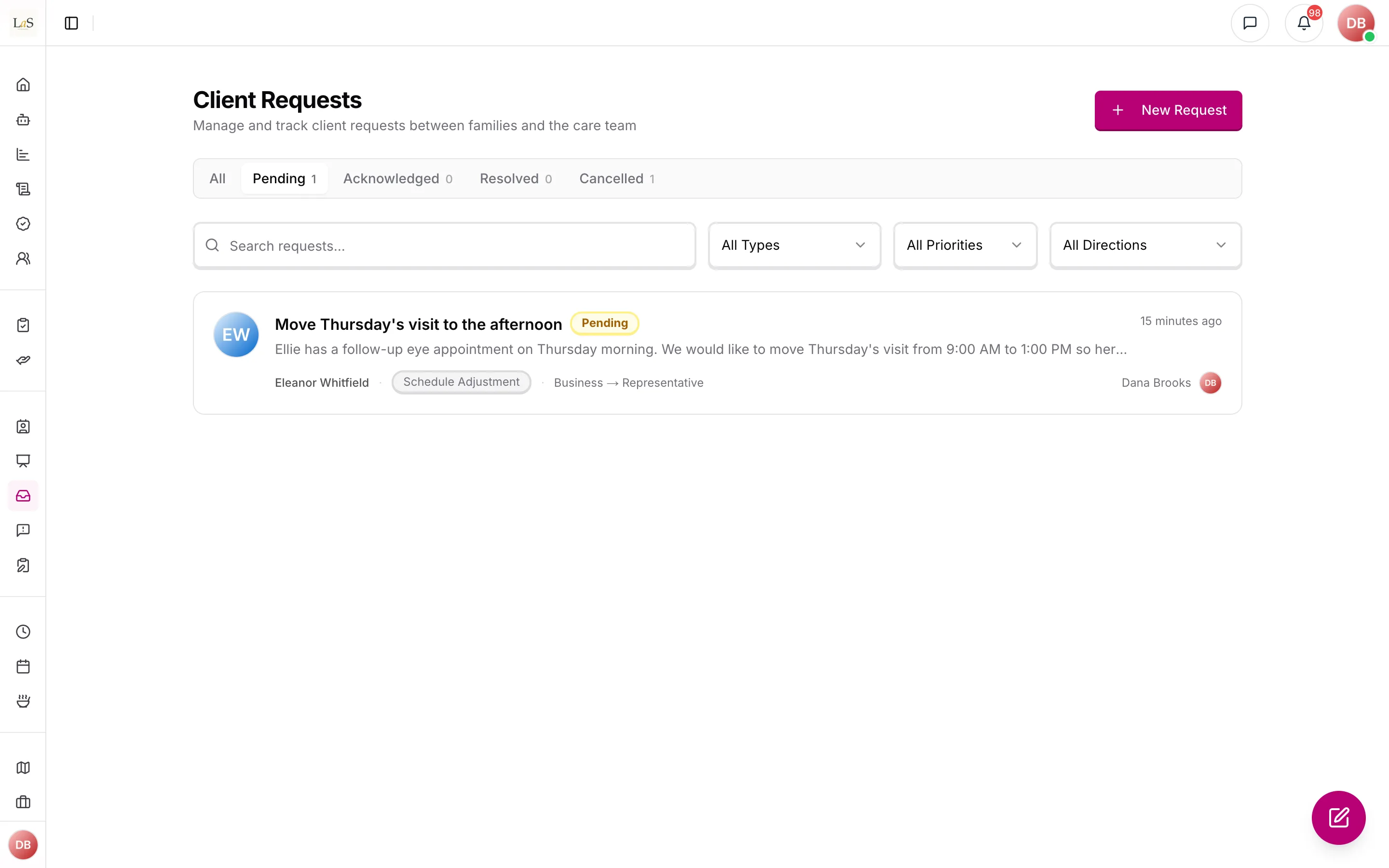 Client Requests filtered to Pending: a schedule adjustment awaiting the family