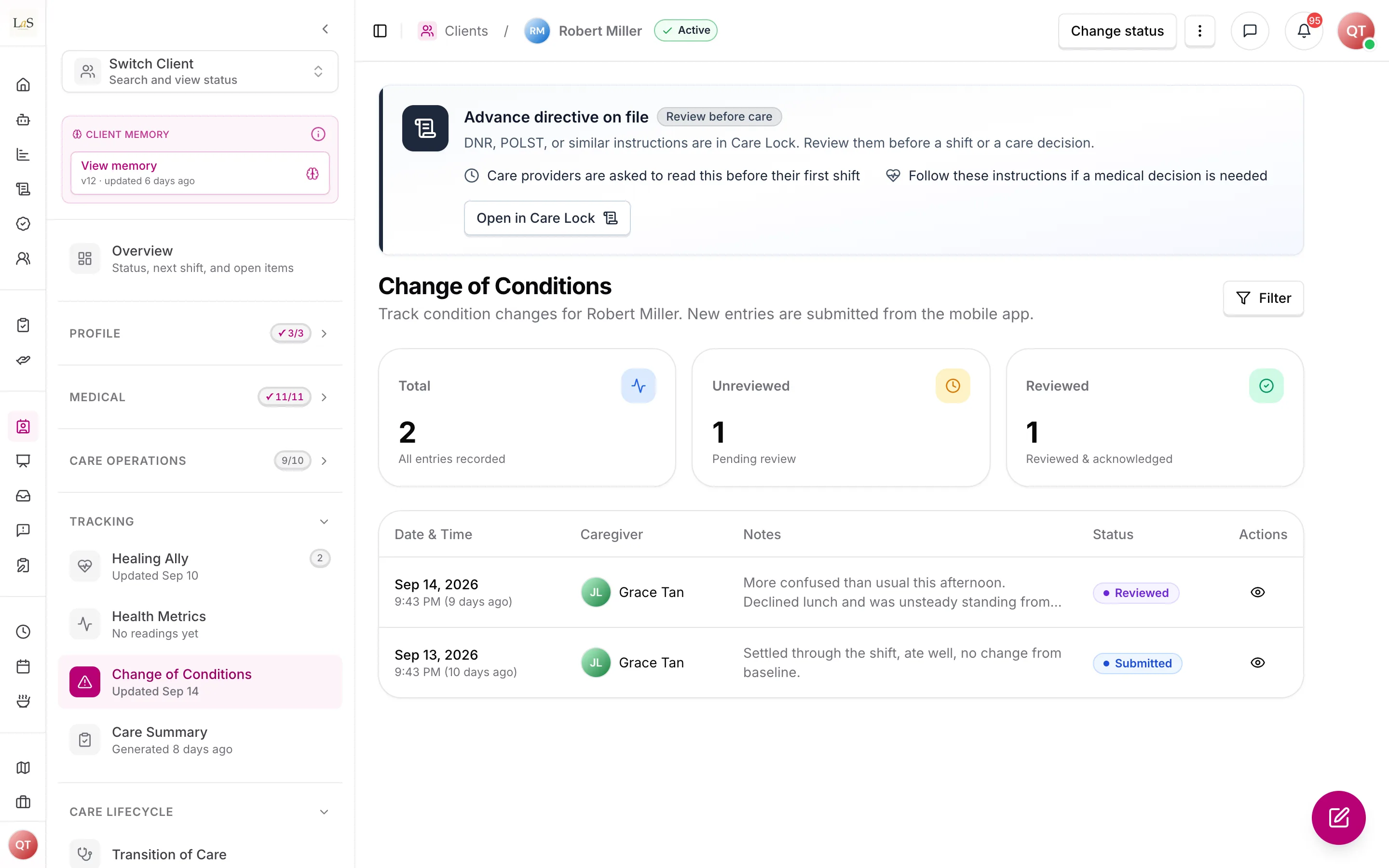 A client's Change of Conditions list with reviewed and submitted entries