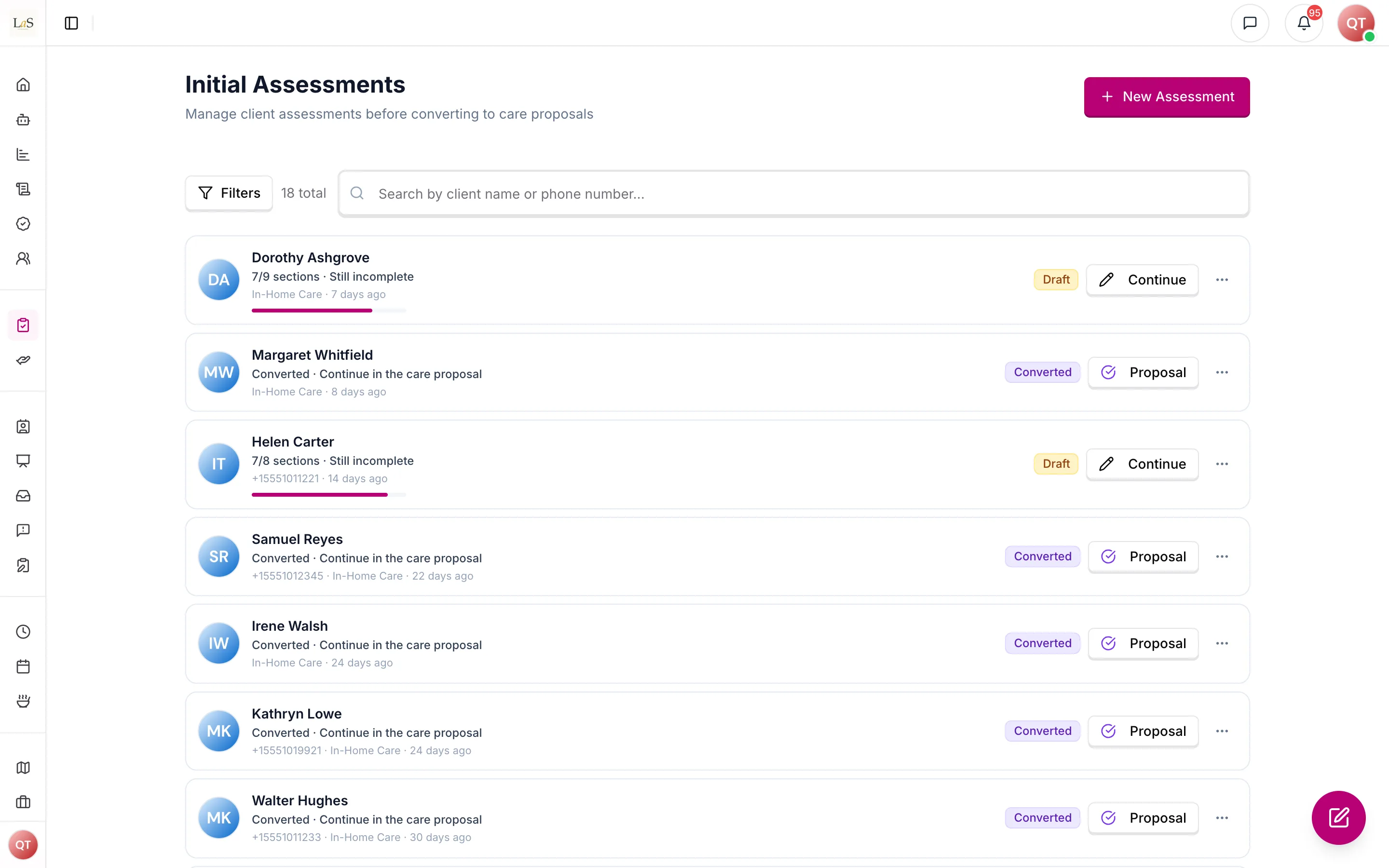 The Initial Assessments list, with drafts and converted assessments