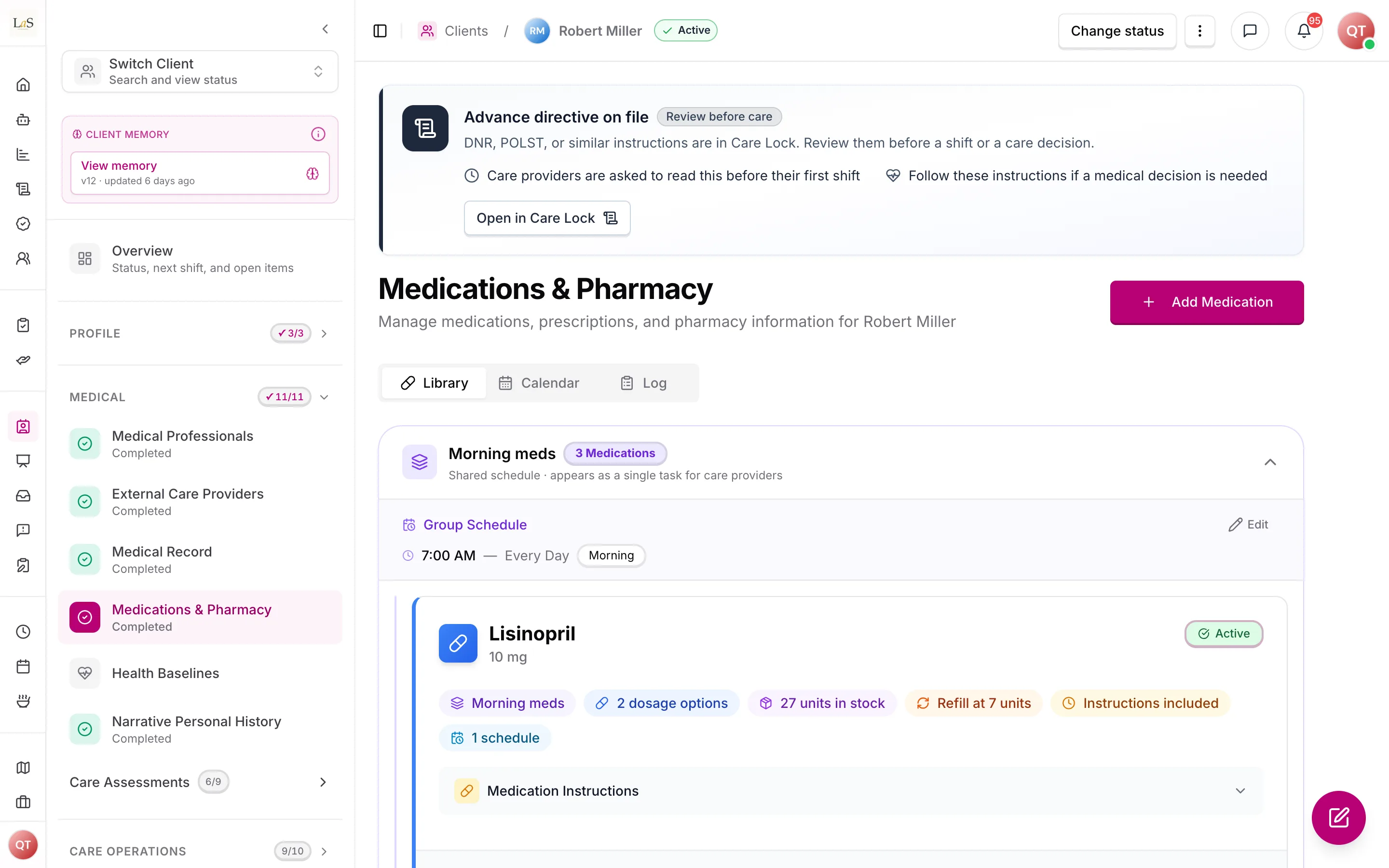 A client's medication library with a morning med pass