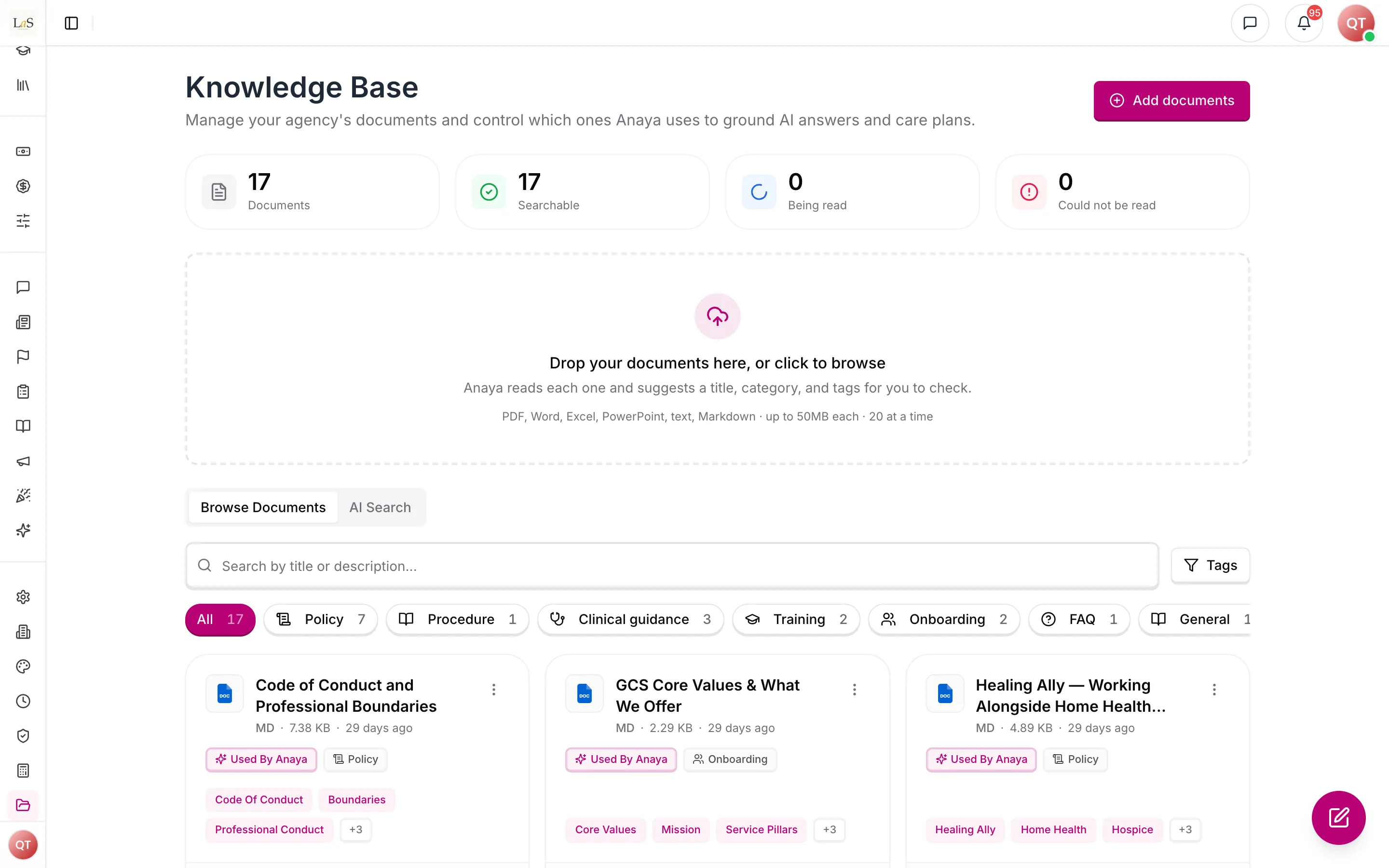 The Knowledge Base: documents by category, and which ones Anaya uses