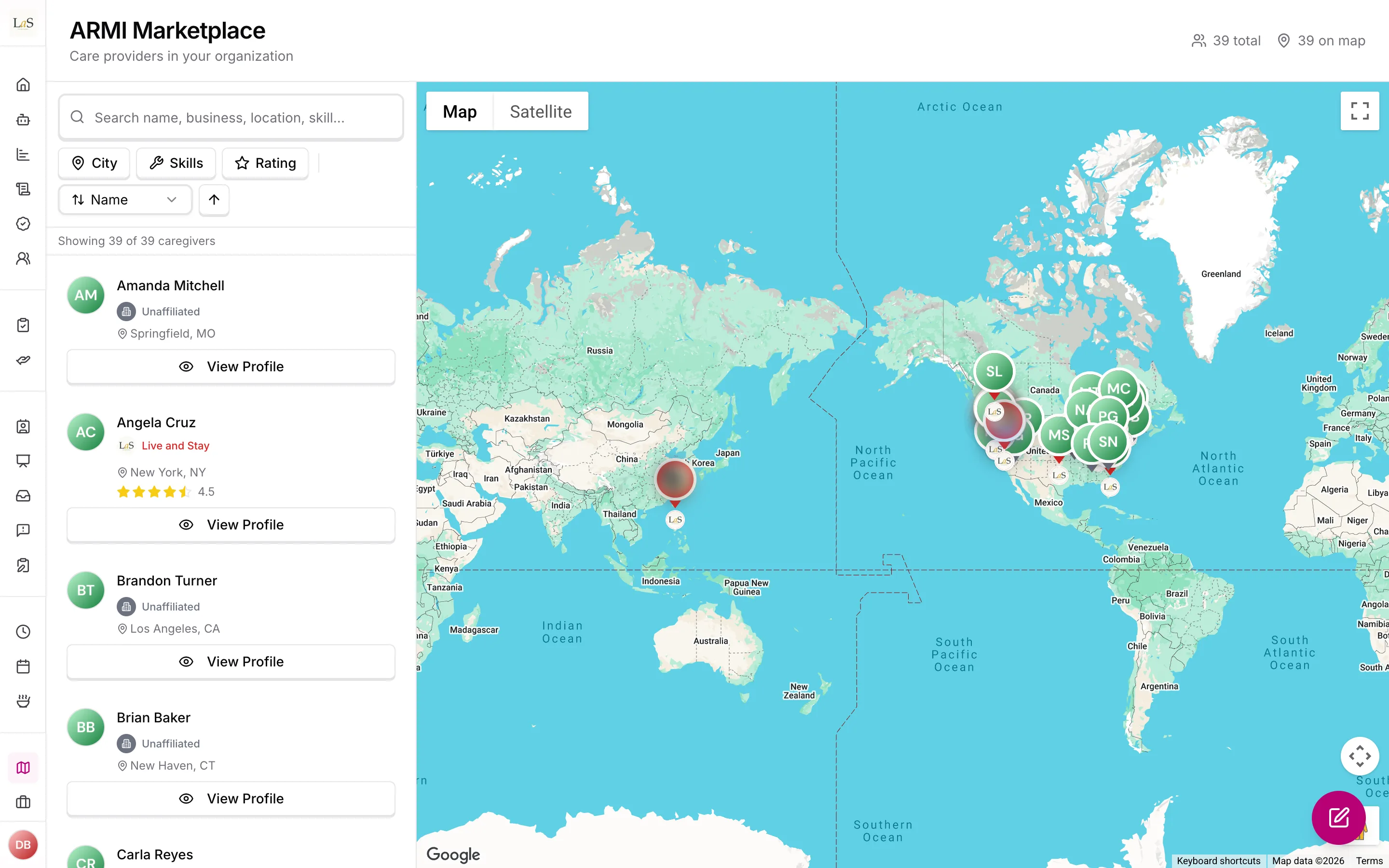 The ARMI Marketplace: care providers listed beside a map of where they are