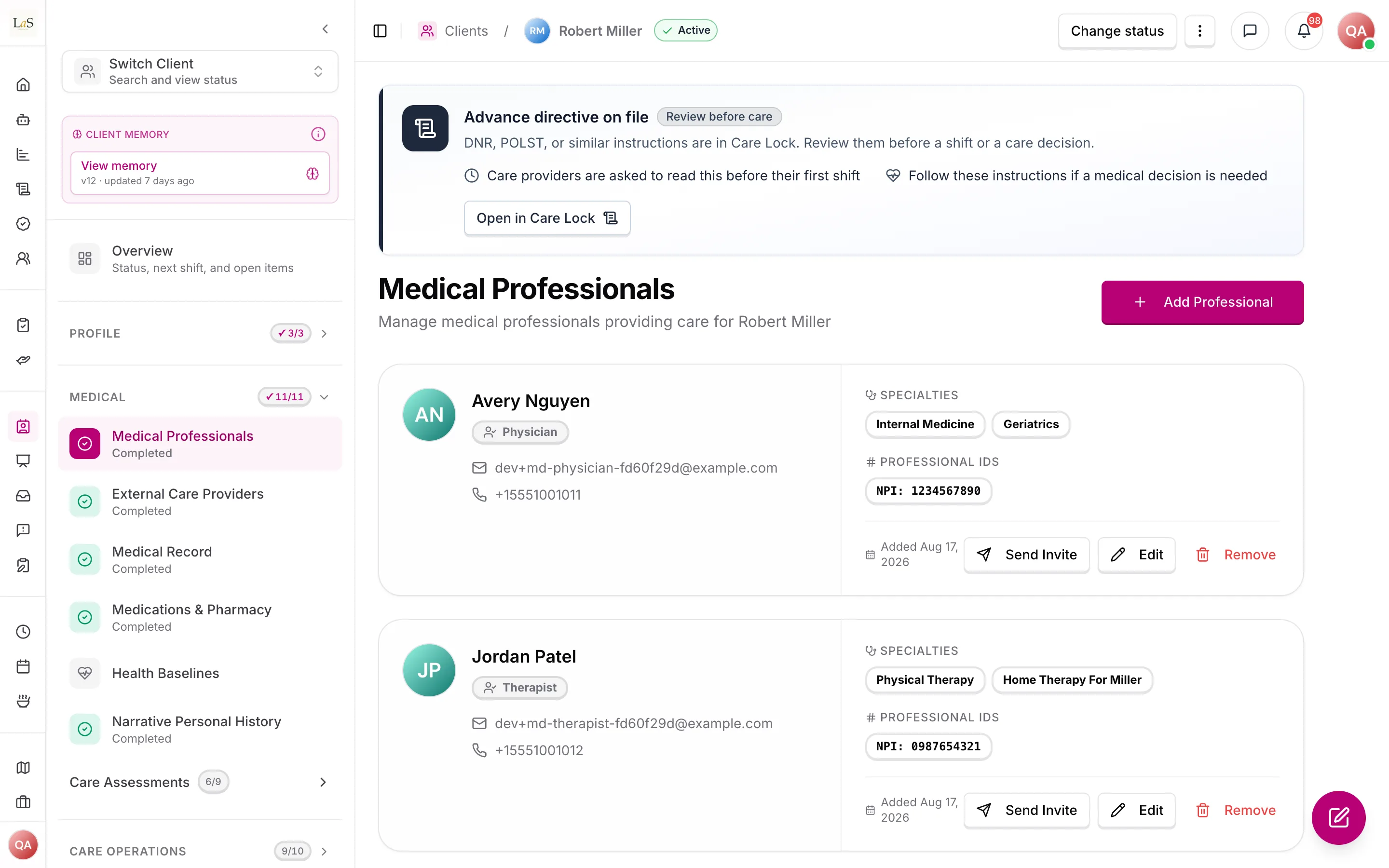 A client's medical professionals, each with specialties, professional IDs and Send Invite