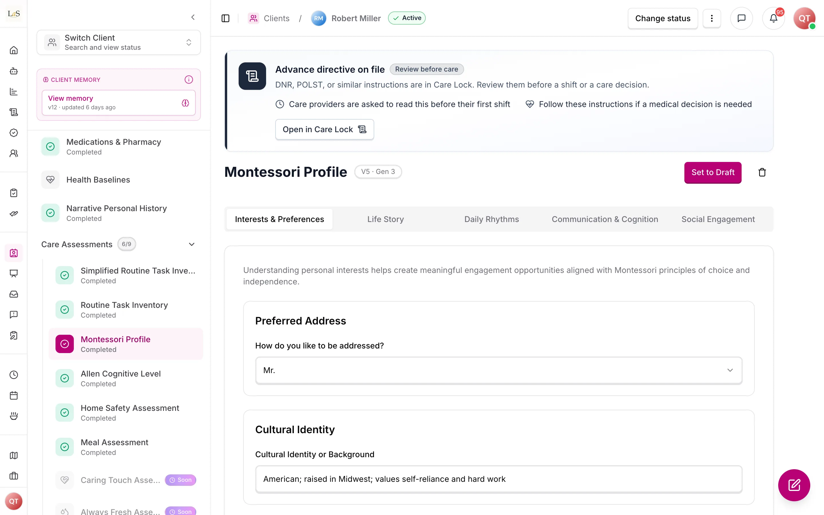 The Montessori Profile's Interests & Preferences tab