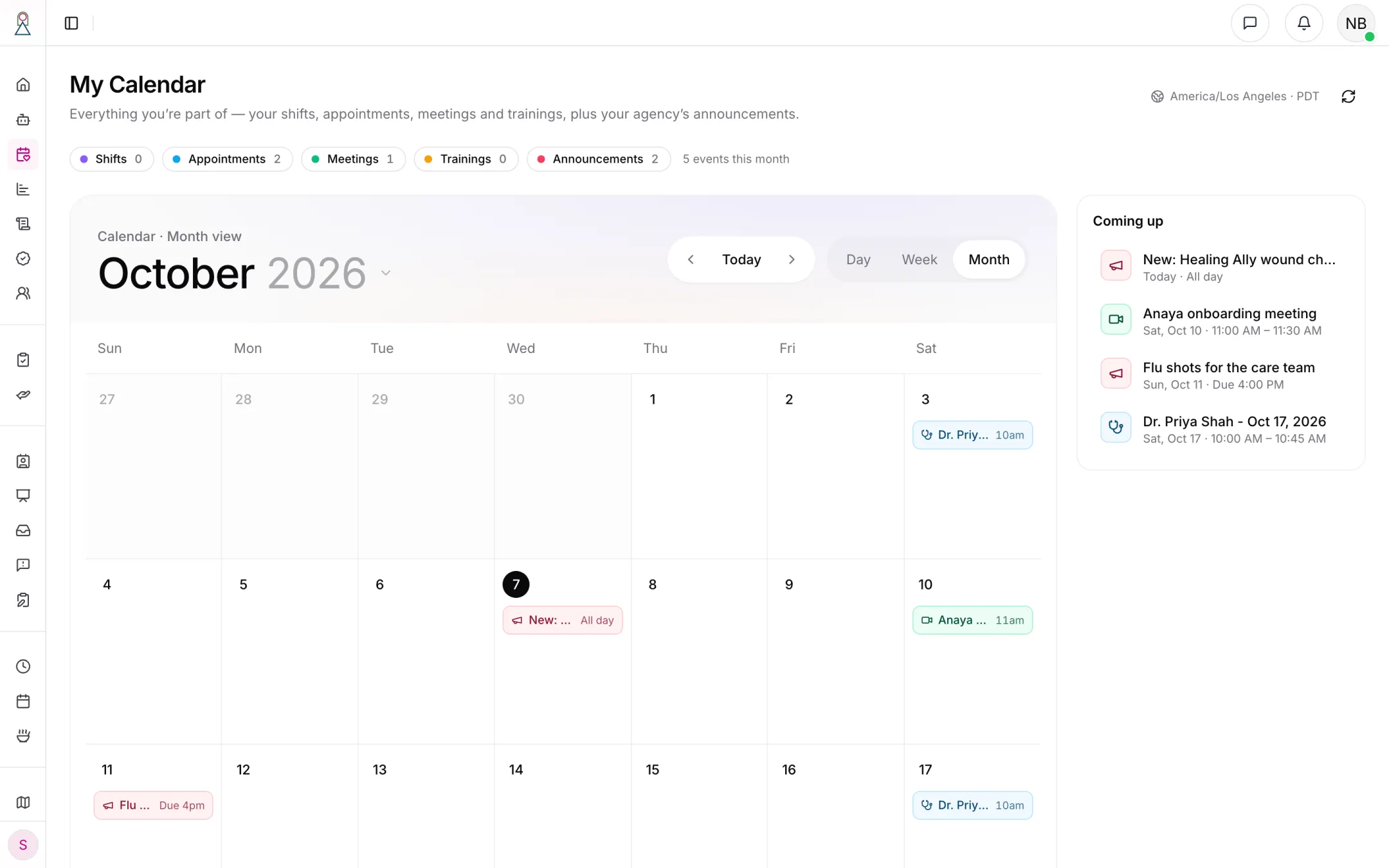 My Calendar's month view: appointments, a meeting and announcements, each kind in its own colour, with Coming up beside it