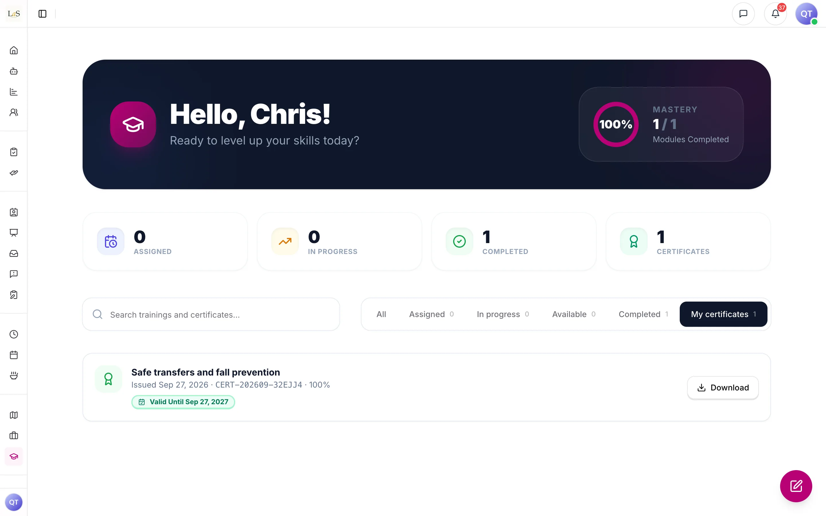 My certificates on the dashboard: a certificate with its number, score, expiry date and a Download button