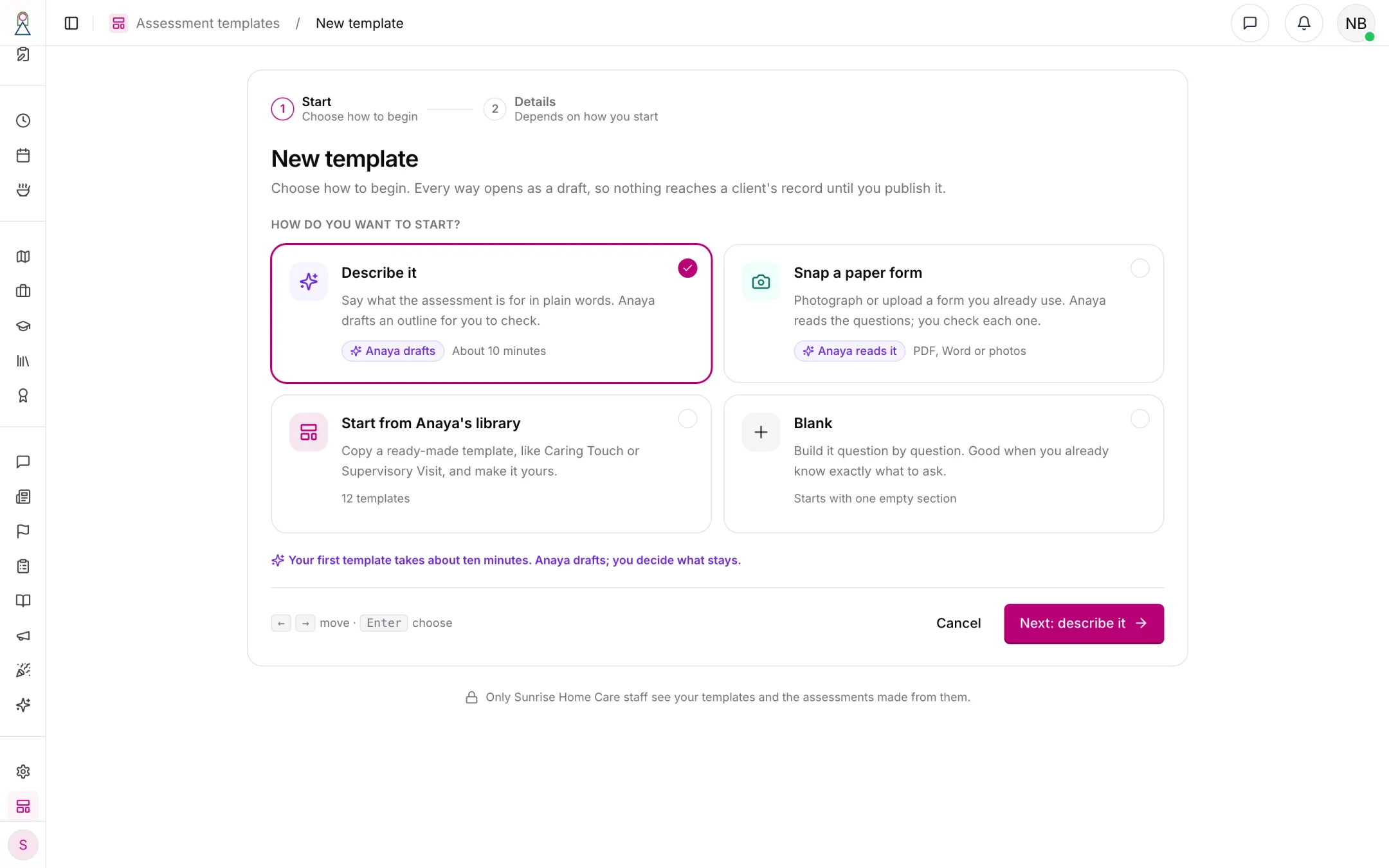 Starting a template: library, describe it, snap a paper form, or blank