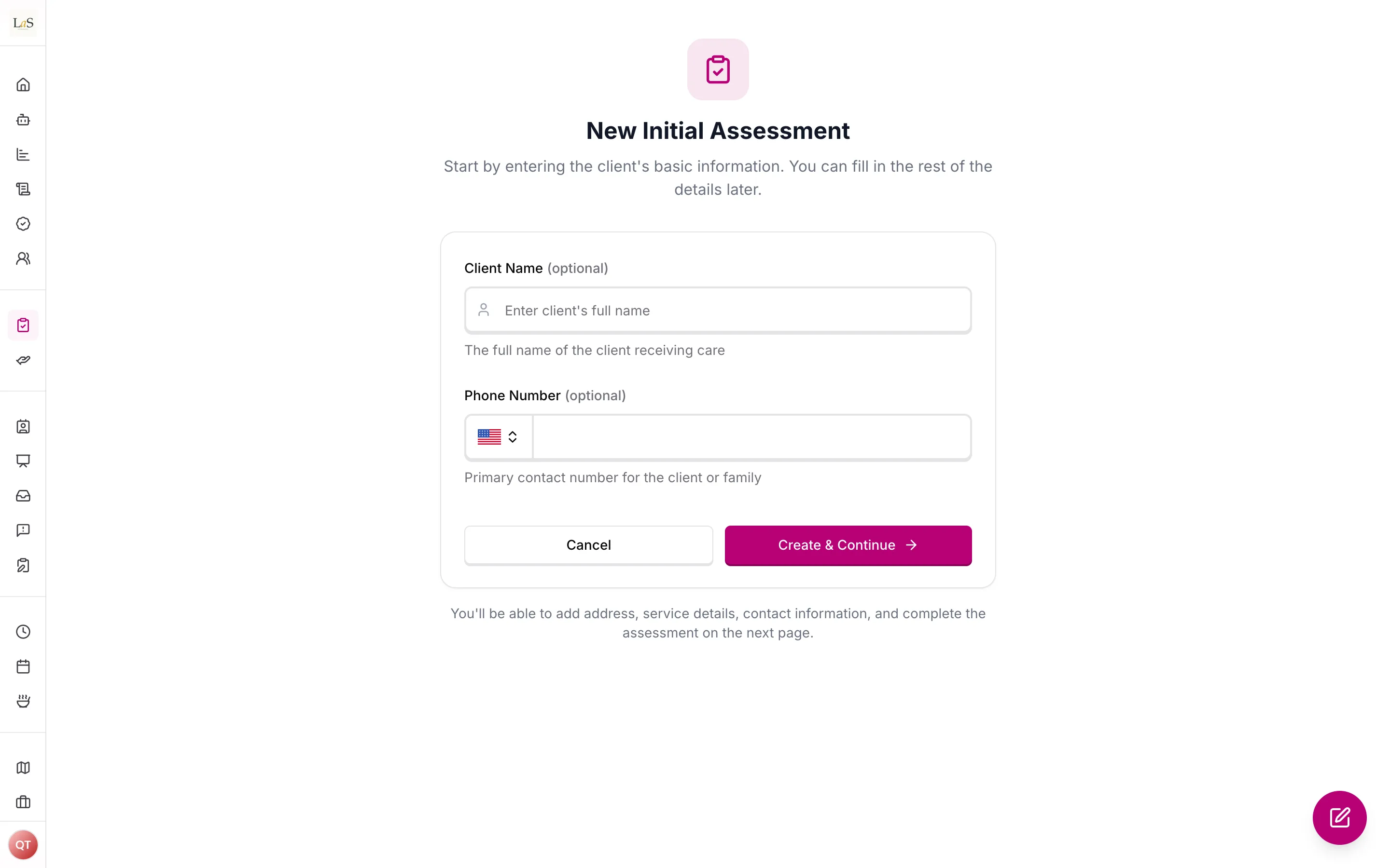 The New Initial Assessment form with optional name and phone