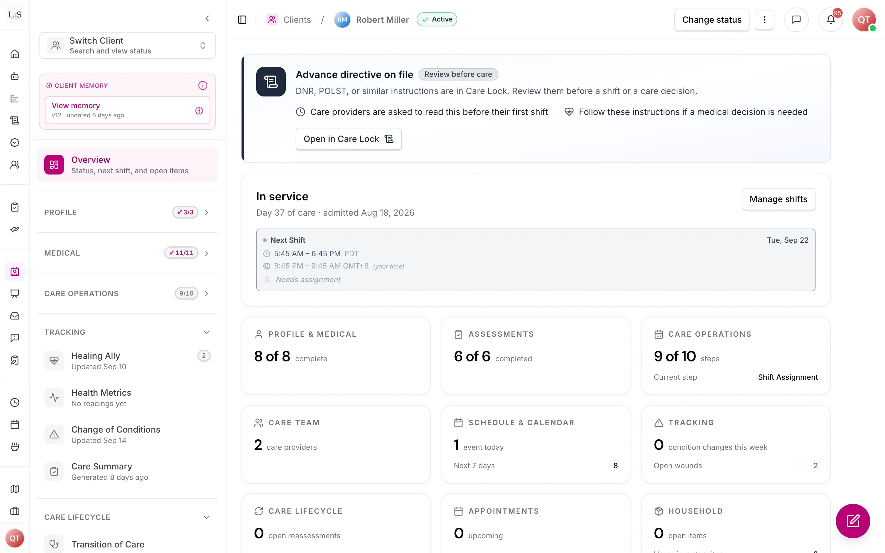 A client's Overview page