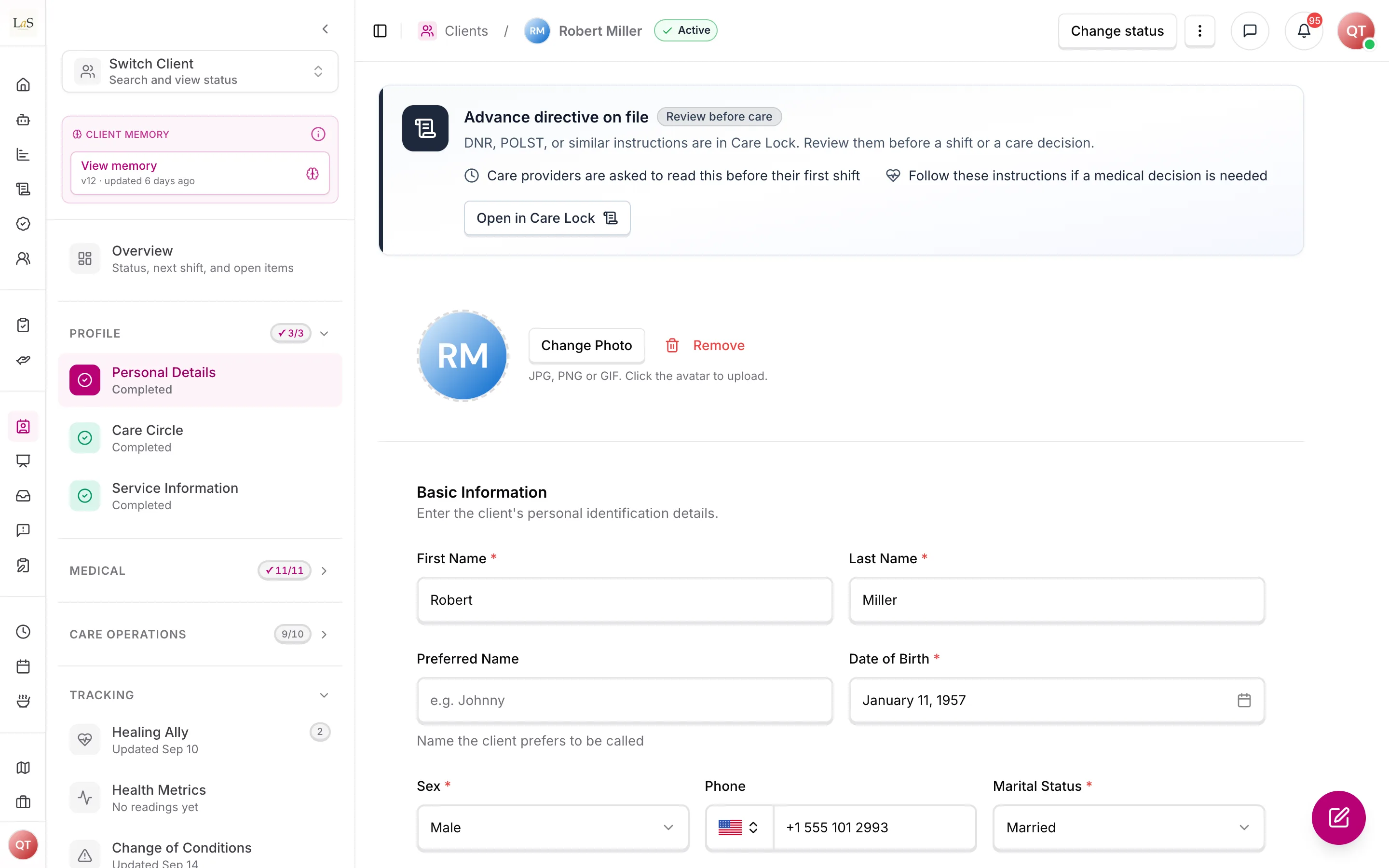 The Personal Details form in a client's Profile