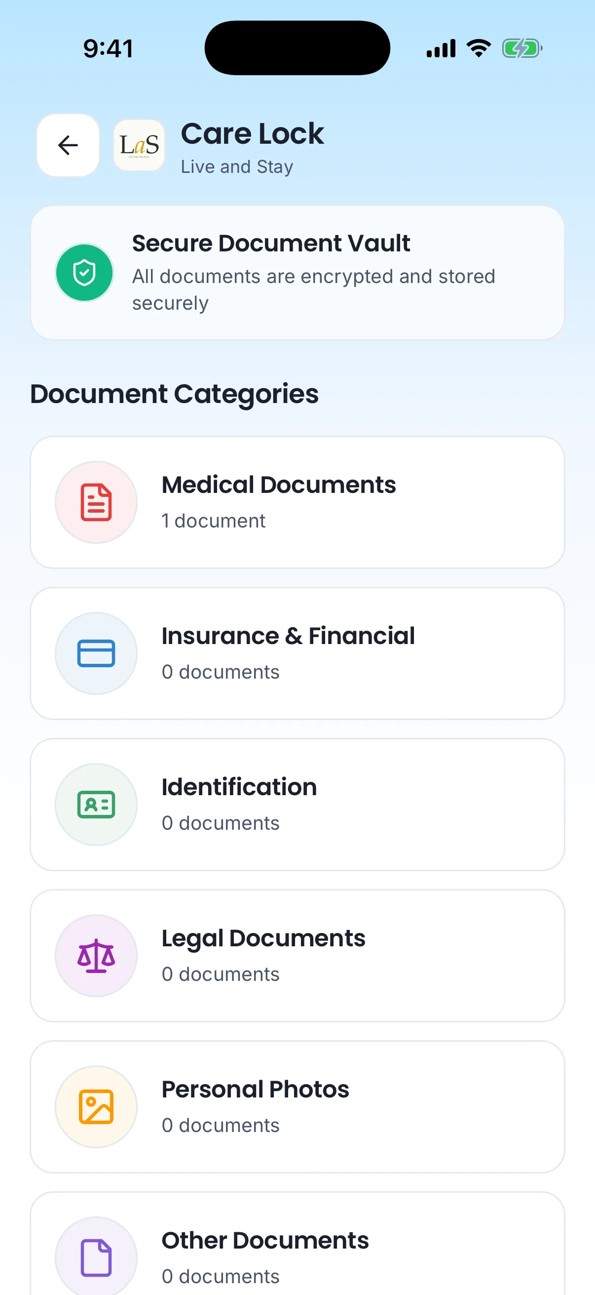 Care Lock on the phone: the secure document vault, by category