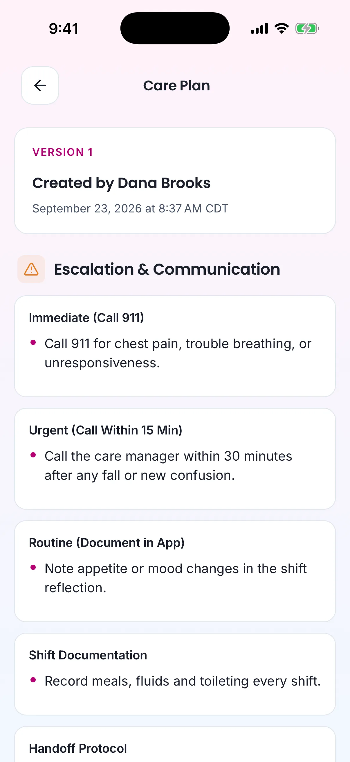 The care plan on the care provider's phone, opening on escalation steps