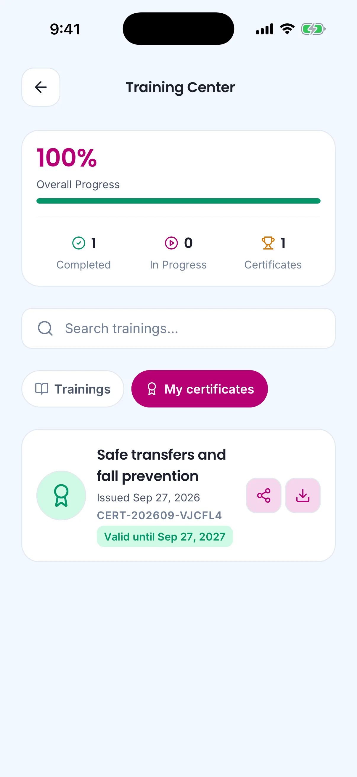 My certificates on the phone: the certificate with its number, issue date, validity, share and download