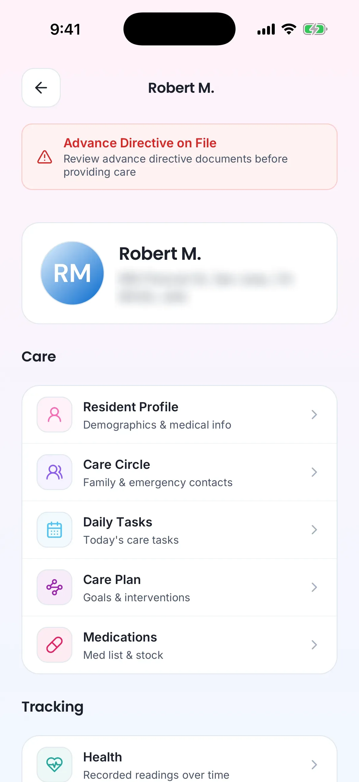 A client's page on the care provider's phone, with the advance-directive alert at the top