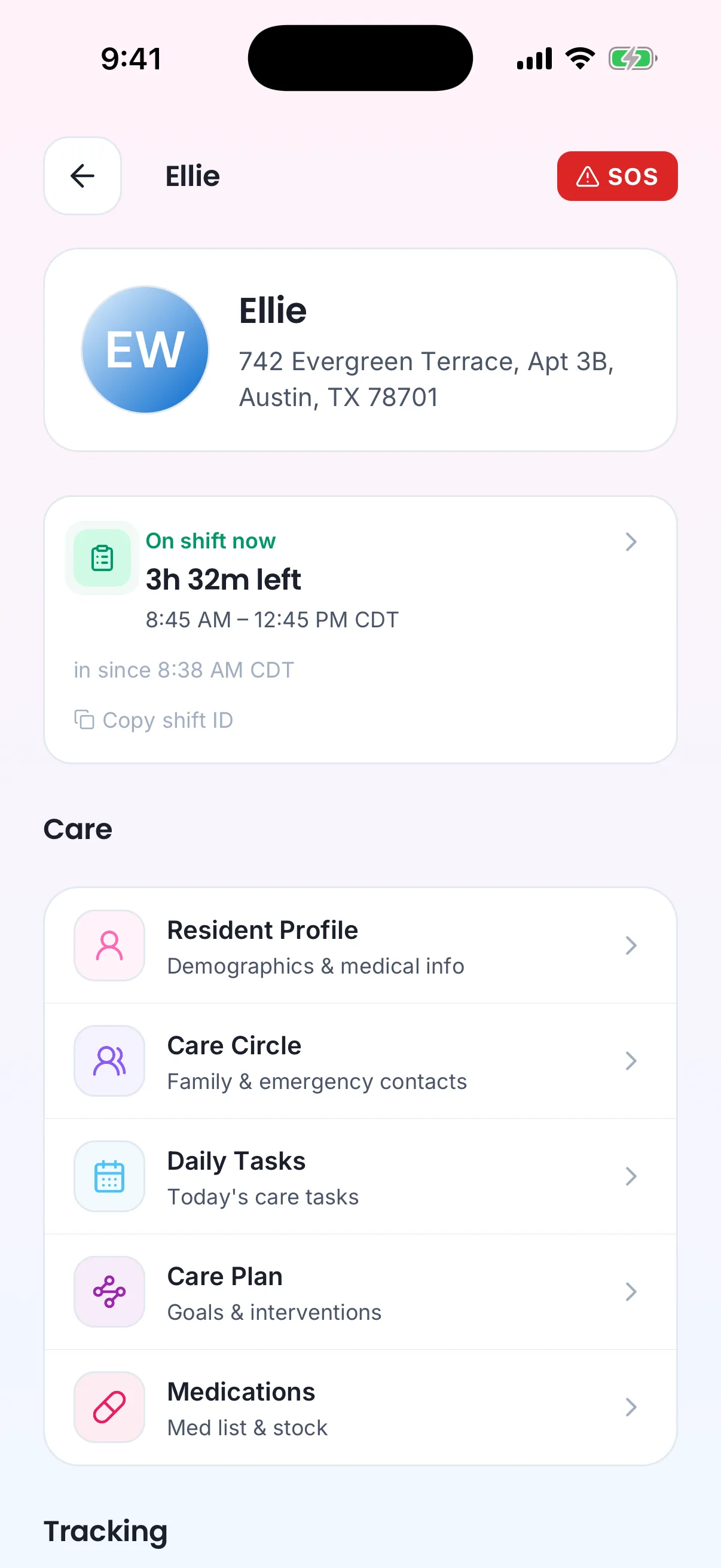 The client page during a shift on the care provider's phone, with the SOS button at the top right